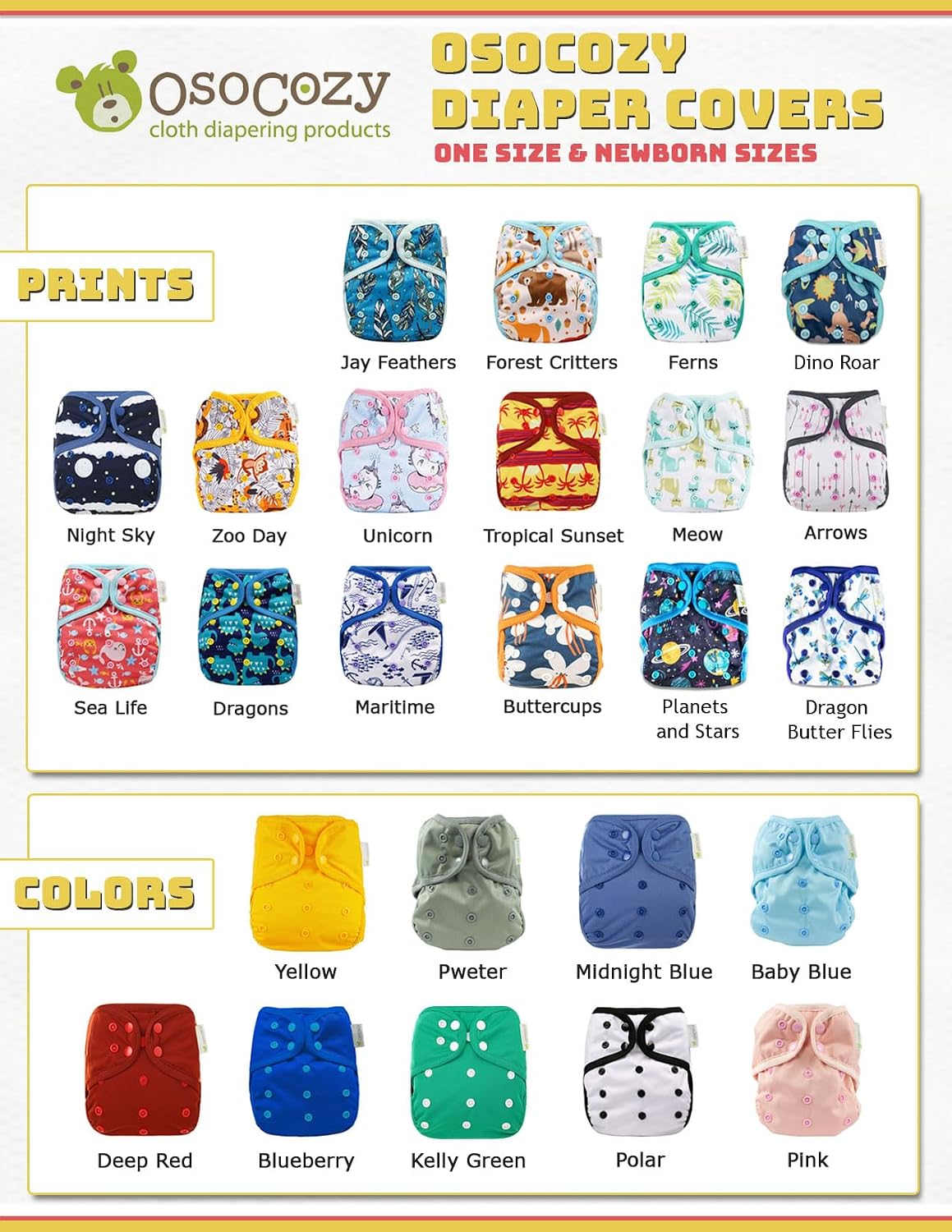 OsoCozy One Size Reusable Cloth Diaper Covers - Adjustable Snap Fit & Double Leg Gussets for Baby Boys & Girls from 8-35 Pounds - Dragon Butterflies