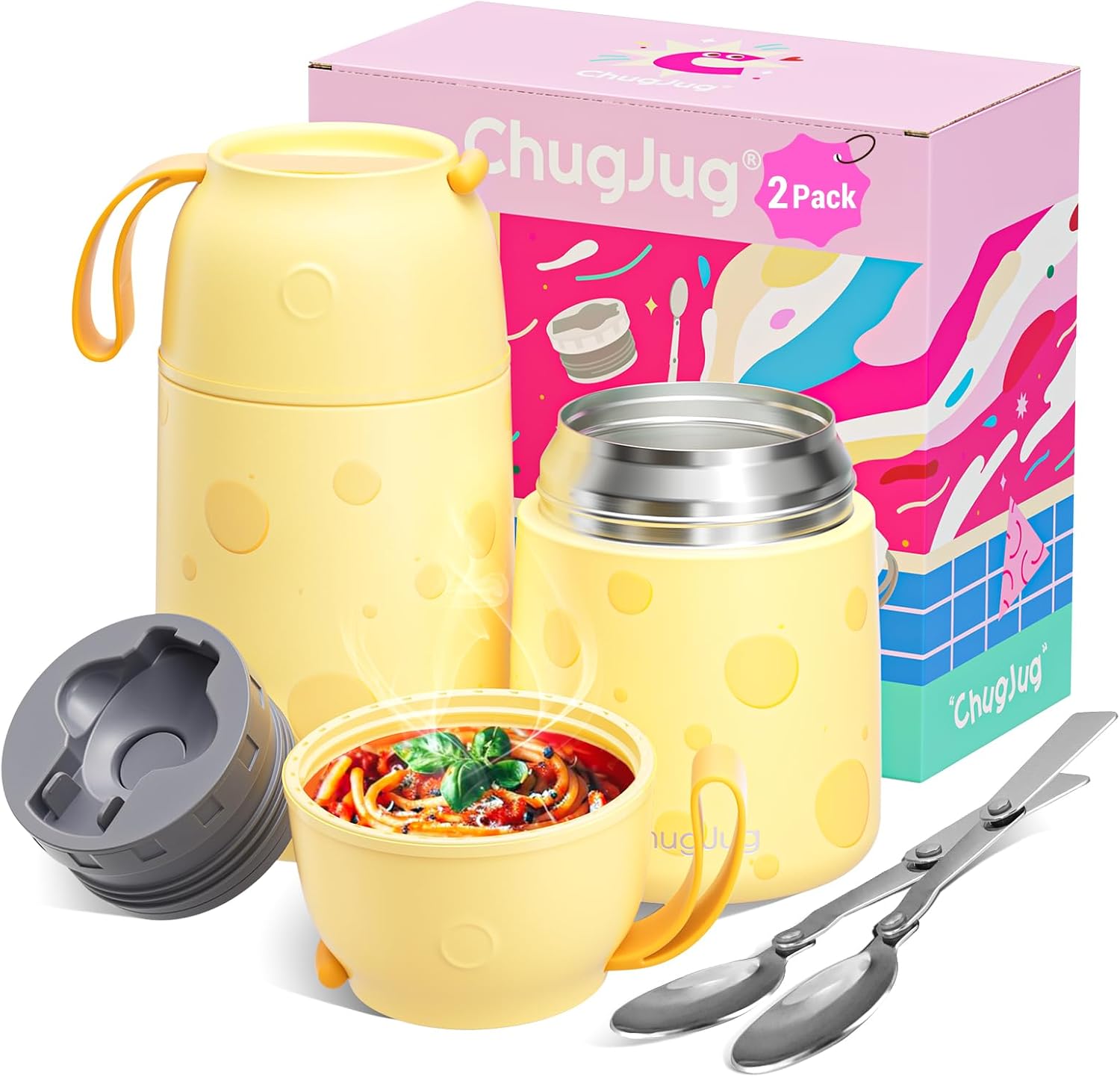 2 Pack Insulated Food Jar 26oz & 18oz, Thermo for Hot Food Vacuum Insulated Soup Container, Leak-Proof Stainless Steel Food Jar with Spoon, Cute Stylish Design for School Office Travel (Yellow)