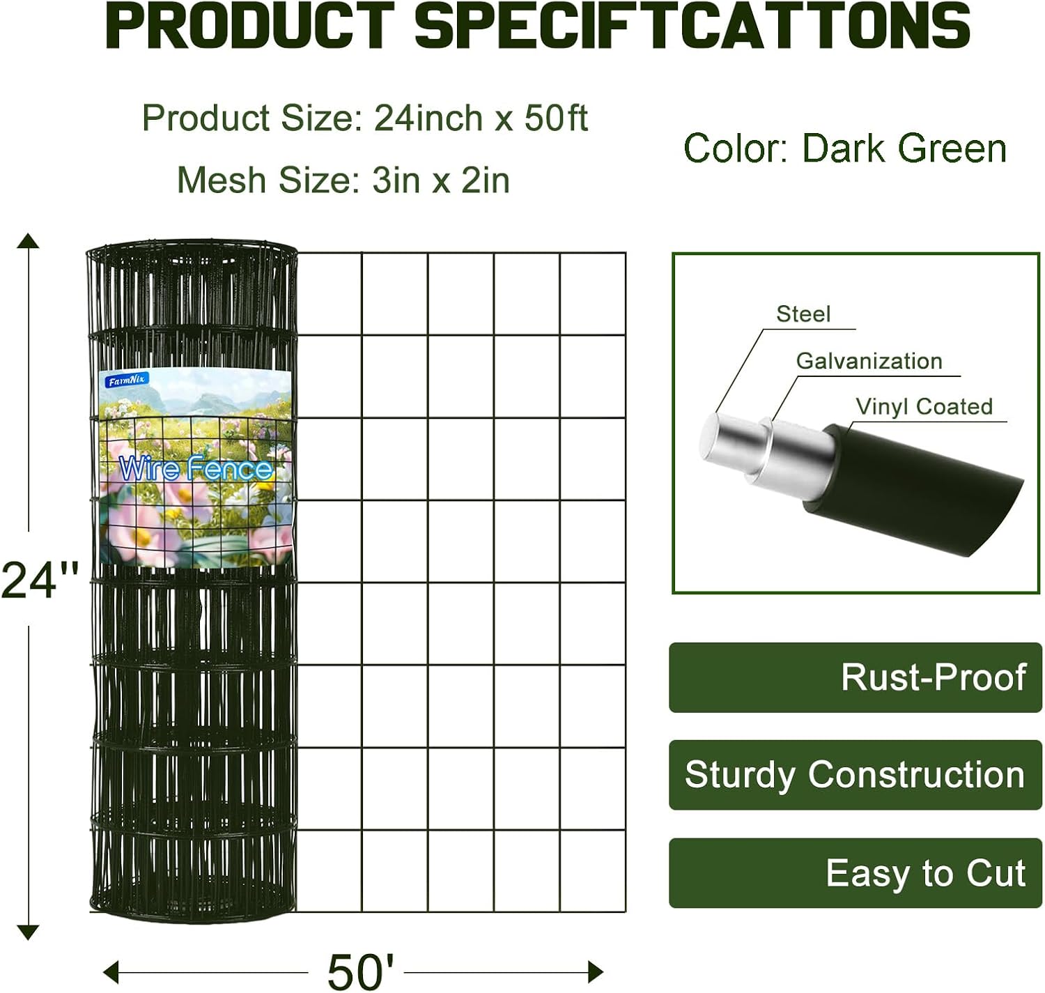 PVC Coated Welded Wire Fence Roll,24 Inch x 50ft Vinyl Coated Wire Mesh Fencing,3" x 2" Mesh Metal Wire Fence for Dogs,Garden Fence,Chicken Wire Fencing,Livestock & Deer Fence