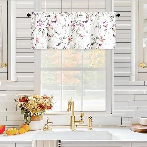 Miniatura 65 de VOGOL Cenefas con patrón de pájaros para ventanas de cocina, cenefa texturizada de lino con estampado floral y pájaros para ventanas pequeñas