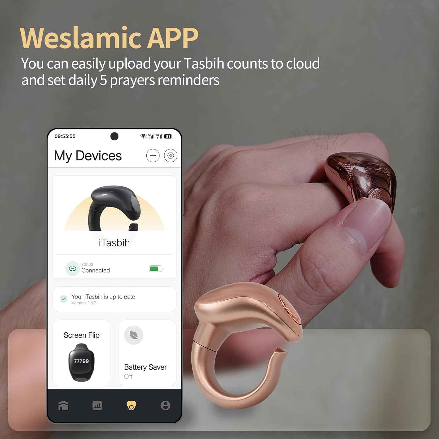 Zikr Smart Ring,Tasbeeh Counters, Prayer Direction Indicator Guide,5 Azan Alarm Clock, APP Support Eid al-Fitr Eid Muslims Dainty Women's Watch Elegant Gold Tone Bracelet Watch(Rose Gold Faith+)