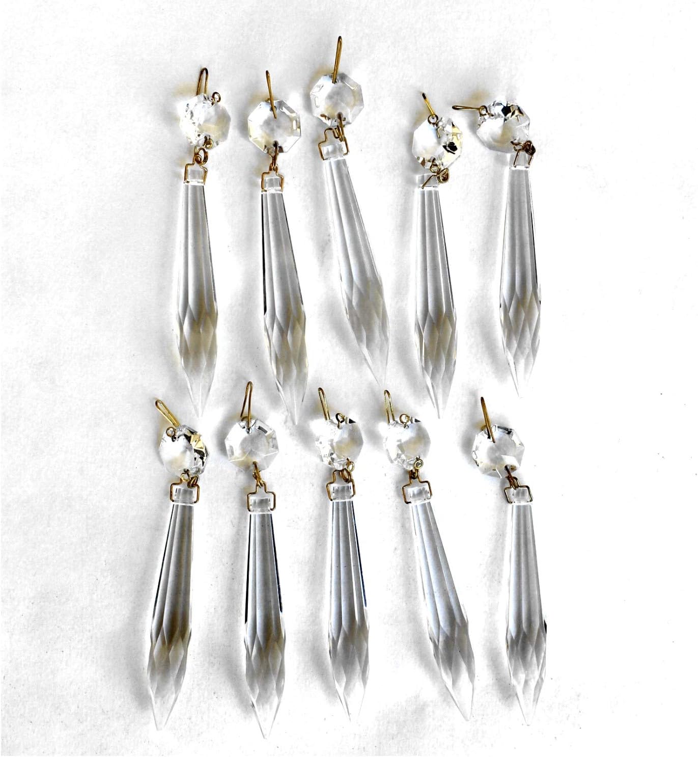 10 Piece Crystal Chandelier Part Prisms with Brass Hooks 4 Inch Length Spire Light