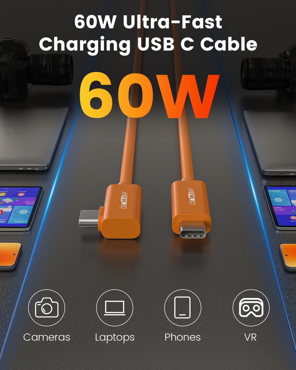 Cable de conexión USB C de fibra óptica de 15 pies, ángulo recto, transmisión de datos bidireccional de 10 Gbps, cable VR con PD 60 W, cable de enlace USB 3.2 GEN 2 para VR/cámara/computadora/Sony