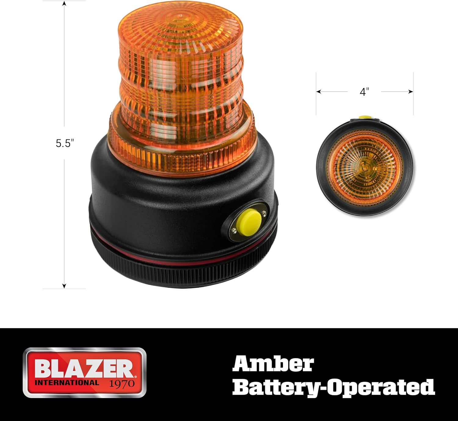Blazer International 195C43A LED Amber Warning Beacon with Magnetic Base | 360° Strobe, 4 Flash Patterns, Battery Powered, IP65 Weatherproof, Class 3 Safety Light
