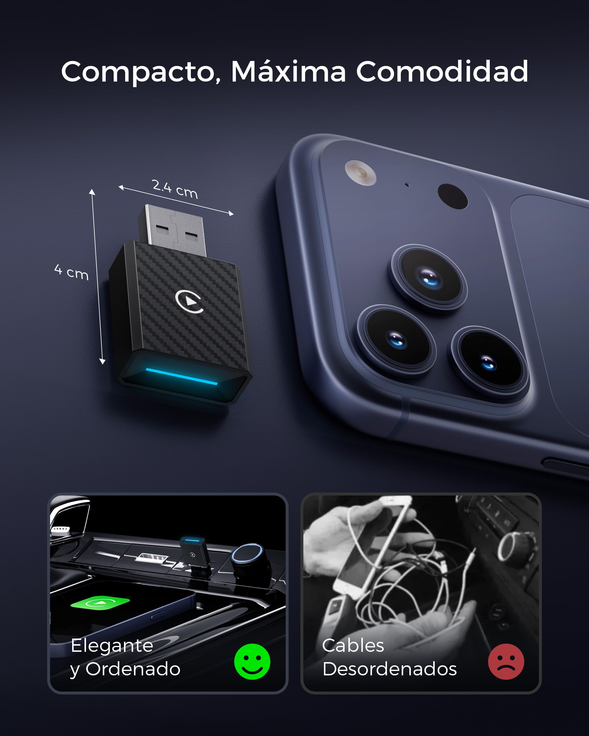 【2026 Mejorada】 Adaptador CarPlay Inalámbrico, Bluetooth V5.4 Conexión Estable, WiFi 6 de Doble Banda de Alta Velocidad, USB A/C, para Apple iPhone iOS 10+, Negro