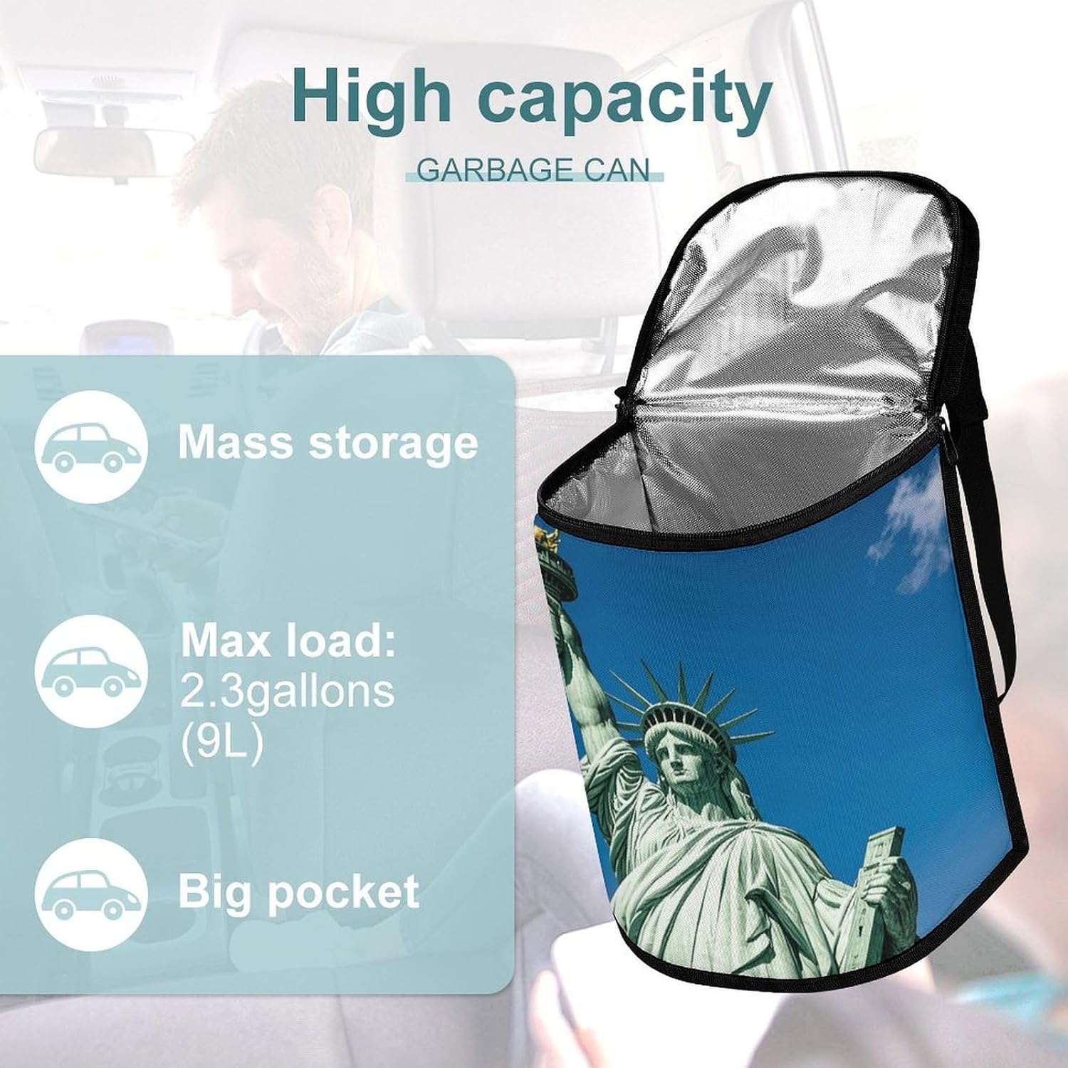 Statue of Liberty Car Trash Can Car Trash Bin Car Garbage Can Trash Can for Car Car Trash Bag Car Trash Can for Women Men Car Garbage Bag Truck Trash Can Garbage Can for Car