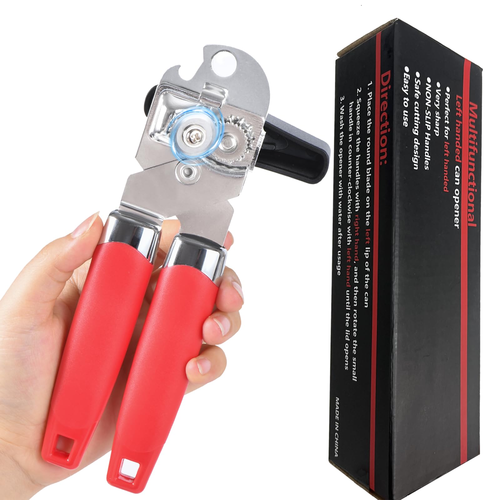 Left Handed Can Opener Manual, Lefty Kitchen Tools Utensils for Left Hand People/Adults(Red Handle)