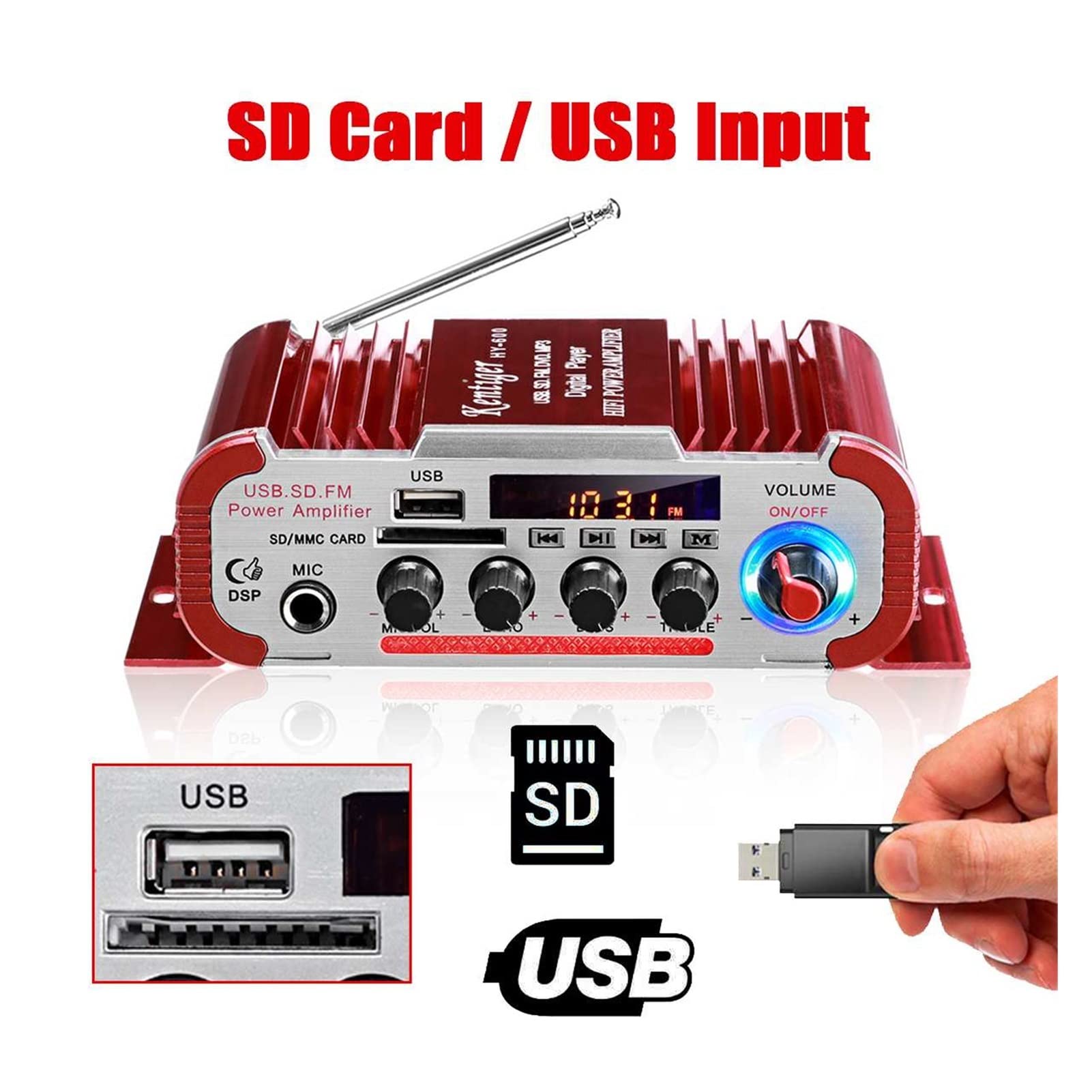 60. 0W 2CH. Home Amplificatori digitali Digital HiFi Stereo Audio Bass Amplificatore di Potenza FM USB SD LED Subwoofer Loud Speaker.(HY60 Red)