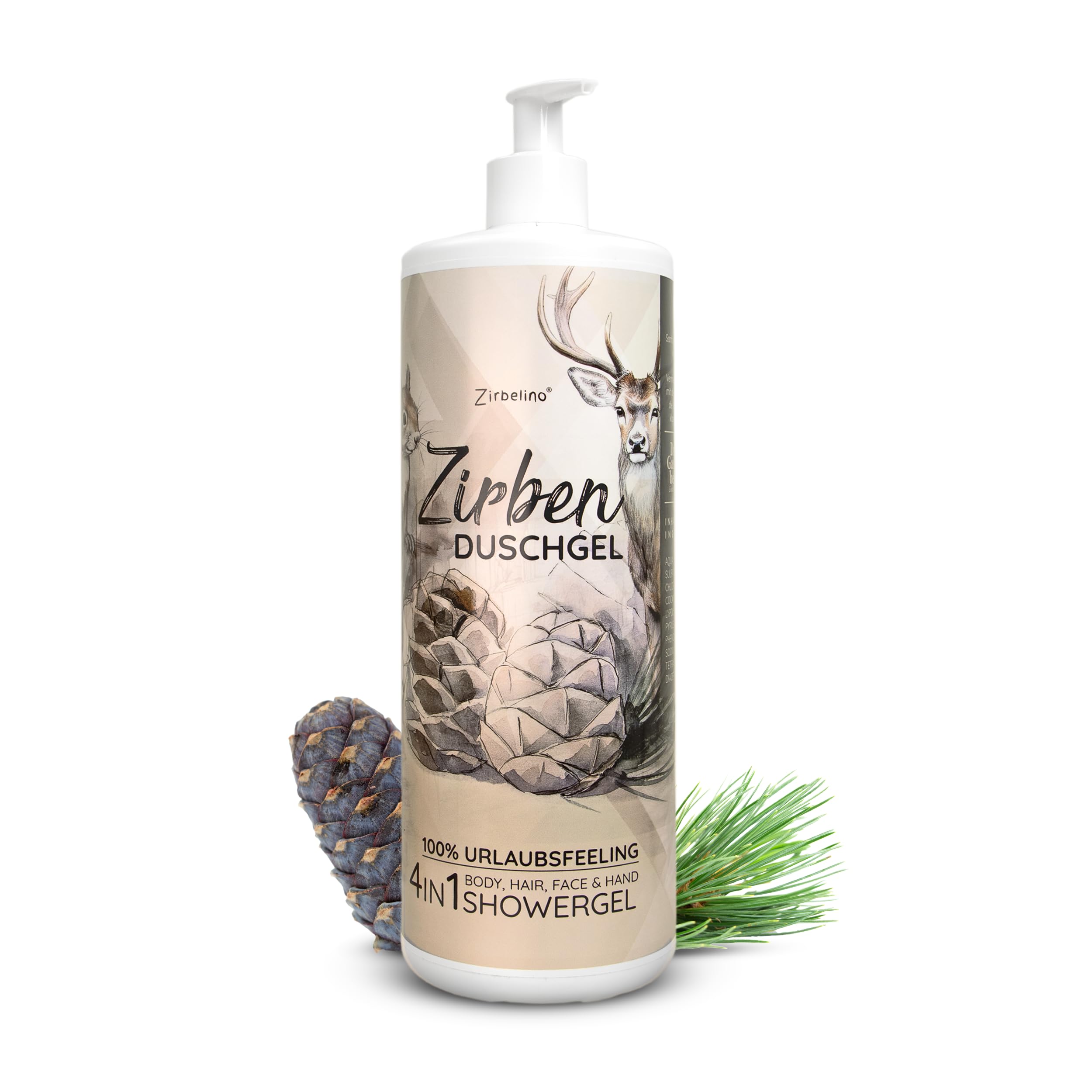 ZirbenDuschgel 4in1 - für Körper, Haare, Gesicht und Hände - mit praktischem Pumpspender - 1000ml