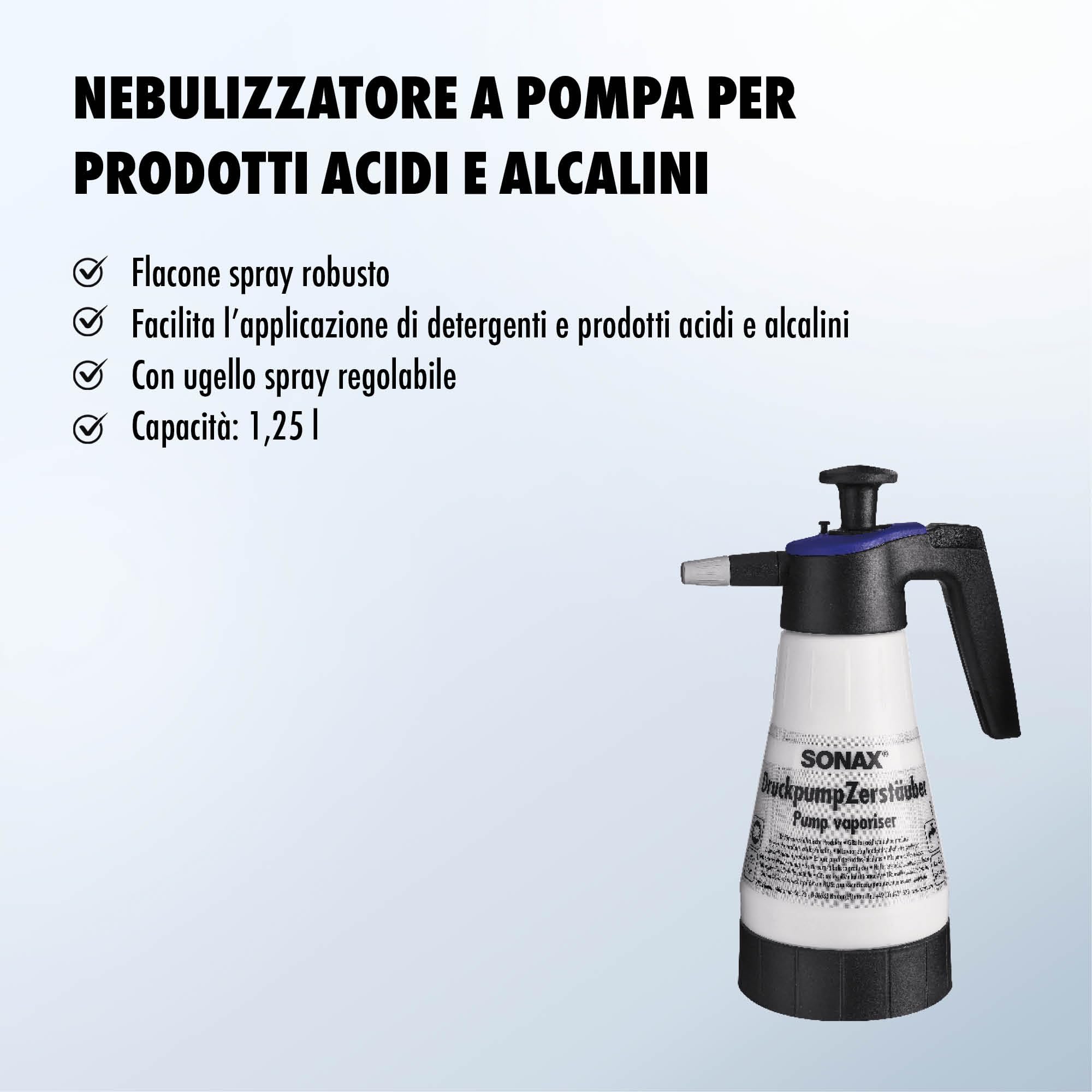 SONAX Vaporizzatore pompa a pressione per prodotti acidi/alcalini 1,25 Litri (1 pezzo) per garantire un'applicazione accurata di prodotti detergenti acidi e alcalini | Art. N. 04969410