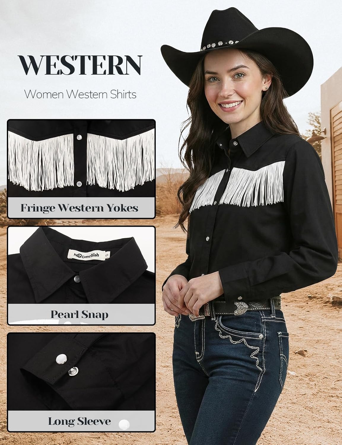 Noomelfish Womens Fringe Pearl Snap Western Shirt Long Sleeve Button Down Country Concert Nashville Cowgirl Outfit - Image 4