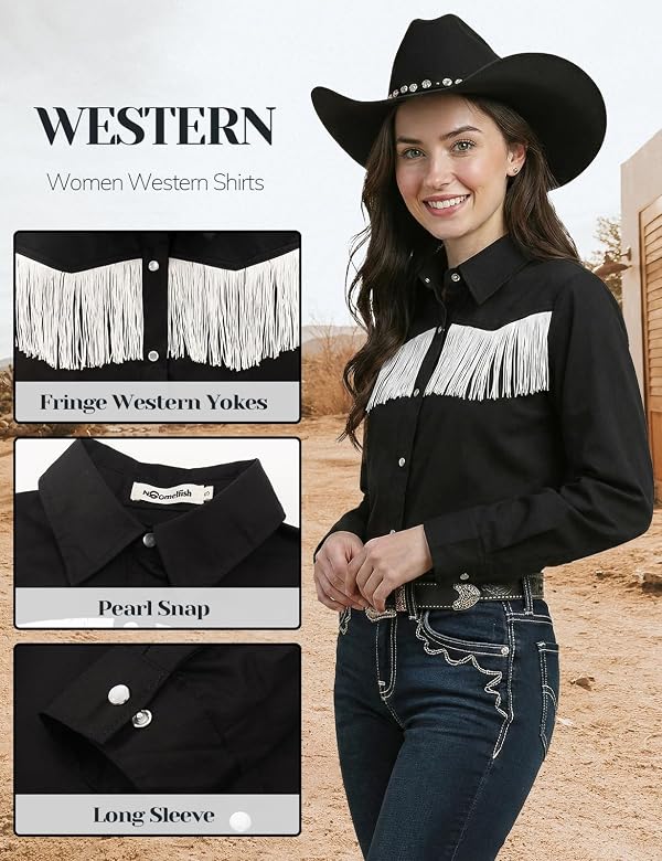 Noomelfish Women's Fringe Western Shirt Pearl Snap Button Down Cowgirl Long Sleeve Blouse Tops, Black, X-Large by Noomelfish - Used condition - Image 4