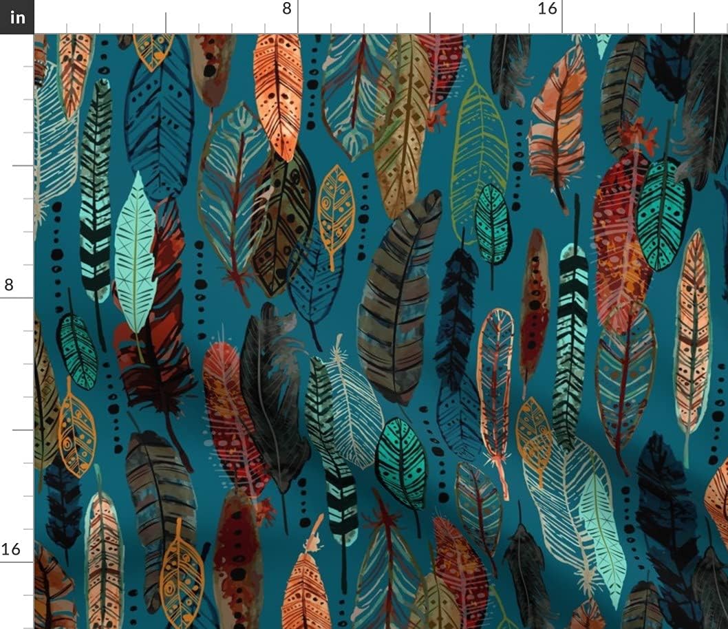 Spoonflower Fabric - Teal Feathers Boho Botanical Bohemian Autumn Watercolor Earth Tones Printed on Petal Cotton Fabric Fat Quarter - Sewing Quilting Apparel Crafts Decor