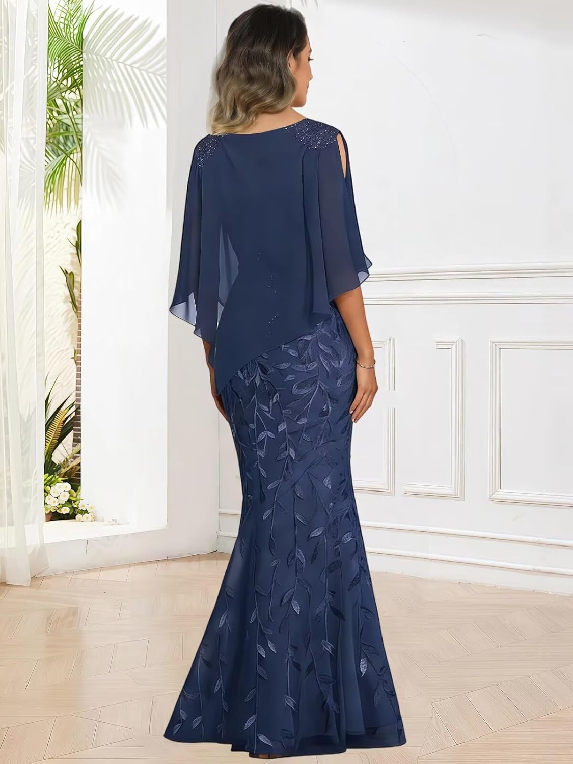 Sequin Mother of The Bride Dresses for Women with Cape Sleeve 2 Piece Beaded Formal Gown - Image 2