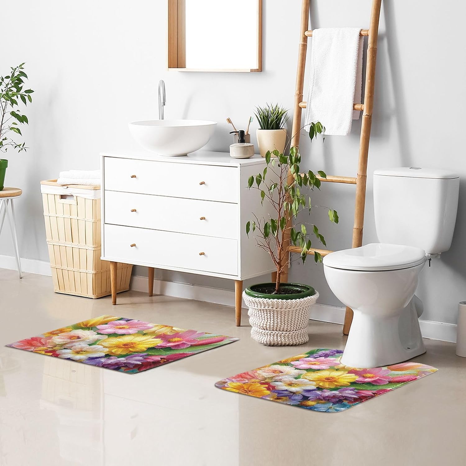 Bathroom Rug Sets 2 Piece, Soft Absorbent Non Slip Bathroom Rugs, Blooming Roses Lavender and Peony with Leaves Bath Mat for Toilet, Shower