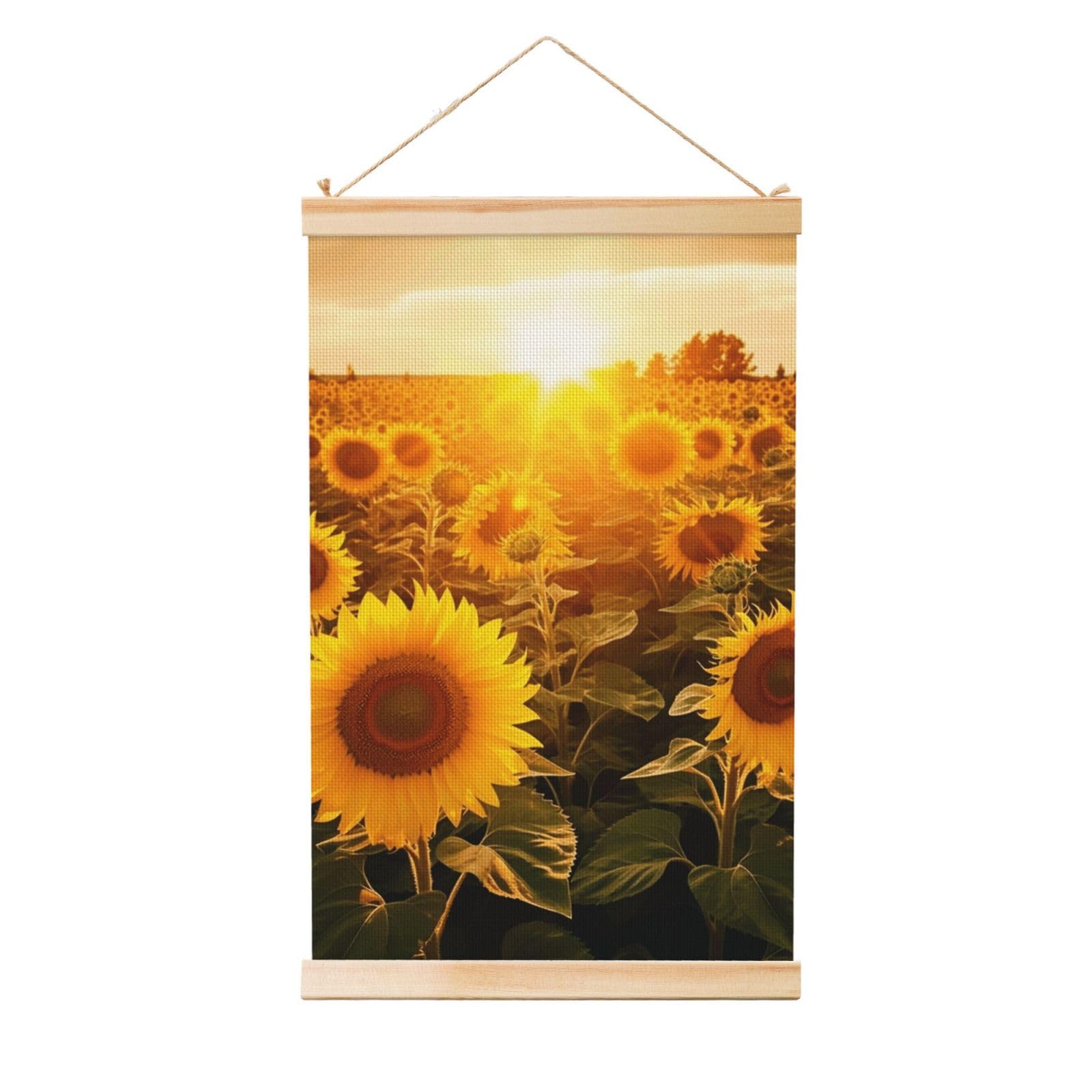 Sunshine Sunflower Field Poster Wooden Shaft Hanging Poster Wall Hanging Banner Canvas Artwork with Wood Frames 16"x24" Modern Artwork Decor Ready to Hang Wall Art for Home Decor Scroll Painting