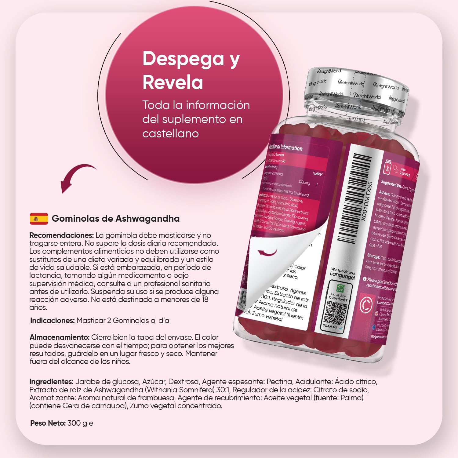 Ashwagandha Gominolas 1200mg - 120 Gomitas Veganas con Sabor a Frambuesa - Suplemento Ayurveda de la Withania Somnifera, Sin Gluten ni OGM para 2 Meses de Suministro