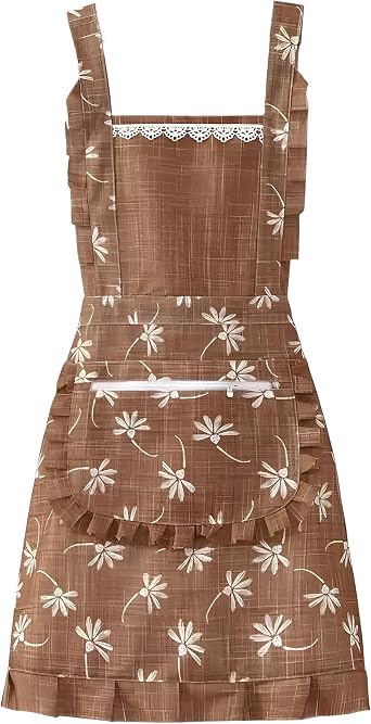 Stylish Womens Apron-Soft Cotton-Linen Cute Kitchen Apron with Zippered Cooking Pocket