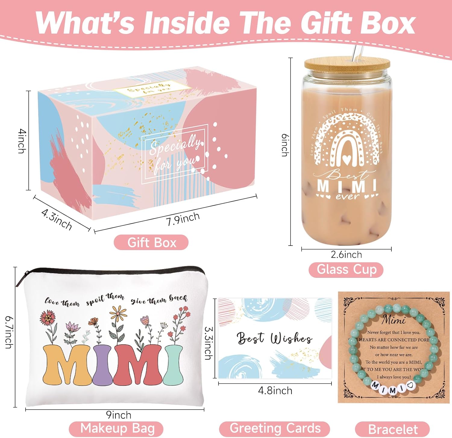 Mimi Gifts, Gifts for Grandma, Best Birthday Gift, Christmas Gift for Mimi Grandma Set Ideas Natural Stone Bracelet Makeup Bag 16 Oz Can Glass Cup For Mothers Day Easter - Image 2