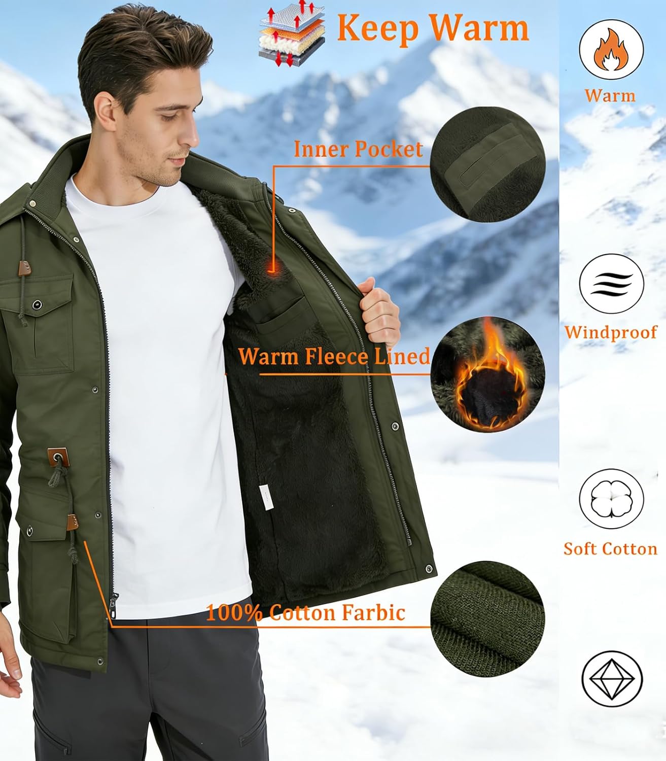 INVACHI Men's Winter Jacket Warm Cotton Military Jackets Fleece Lined Thick Work Cargo Coats with Hooded - Image 3