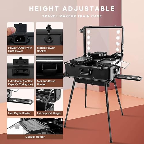 Miniatura 4 de Caja de aluminio del tren del maquillaje de la carretilla con la luz LED cosmética profesional 24 '' maquillaje organizador estudio, Negro -, Moda