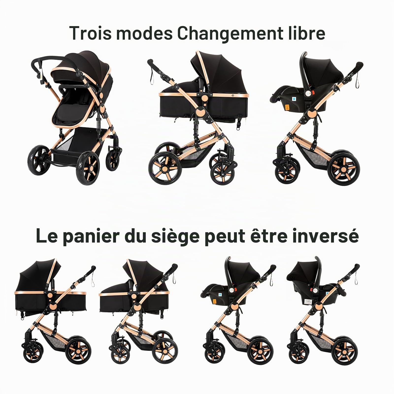 Poussette 3 en 1 Pour Bébé Avec Couffin Réversible, Poussette de Voyage Compacte et Portable,Ensemble de Chariot de Voyage Léger(BLACK)