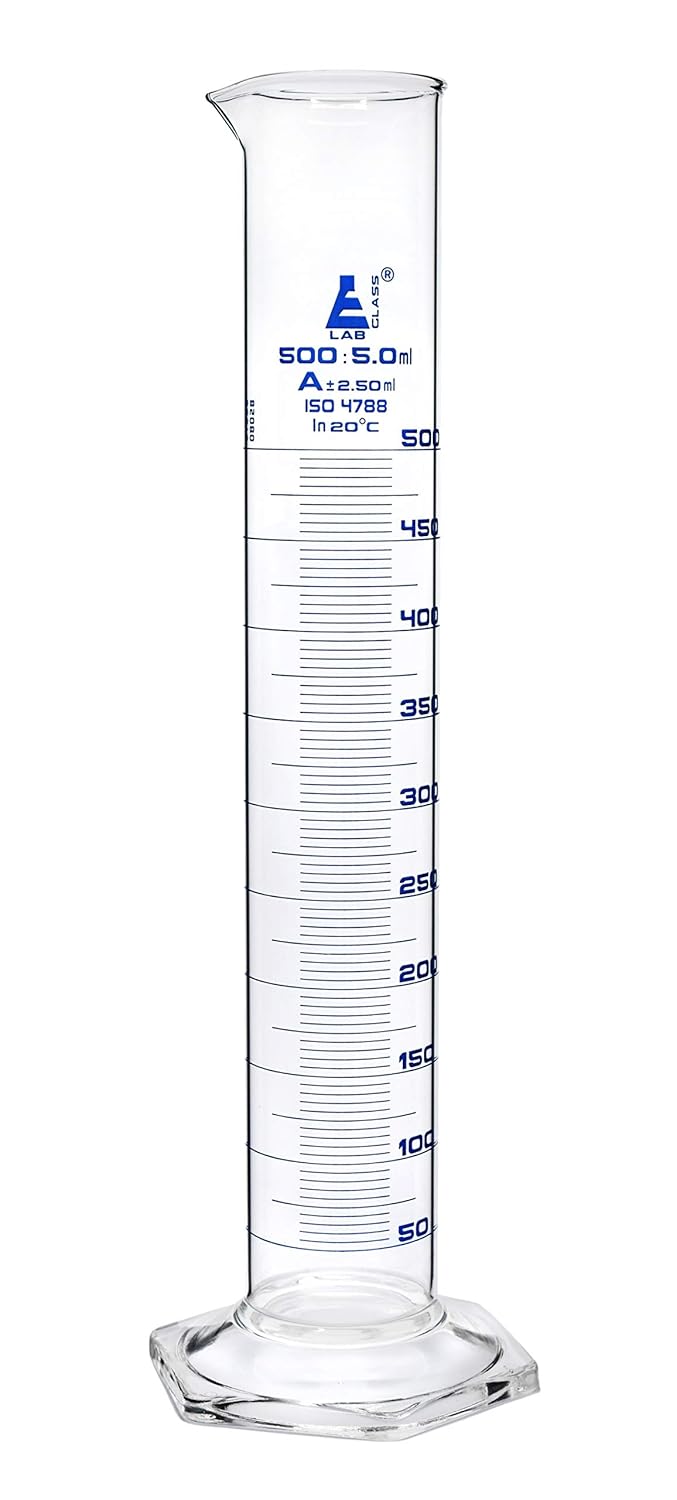 Graduated Cylinder, 500ml - Class A Tolerance ±2.50ml - Hexagonal Base - Blue Graduations - Borosilicate 3.3 Glass - Eisco Labs: Industrial & Scientific