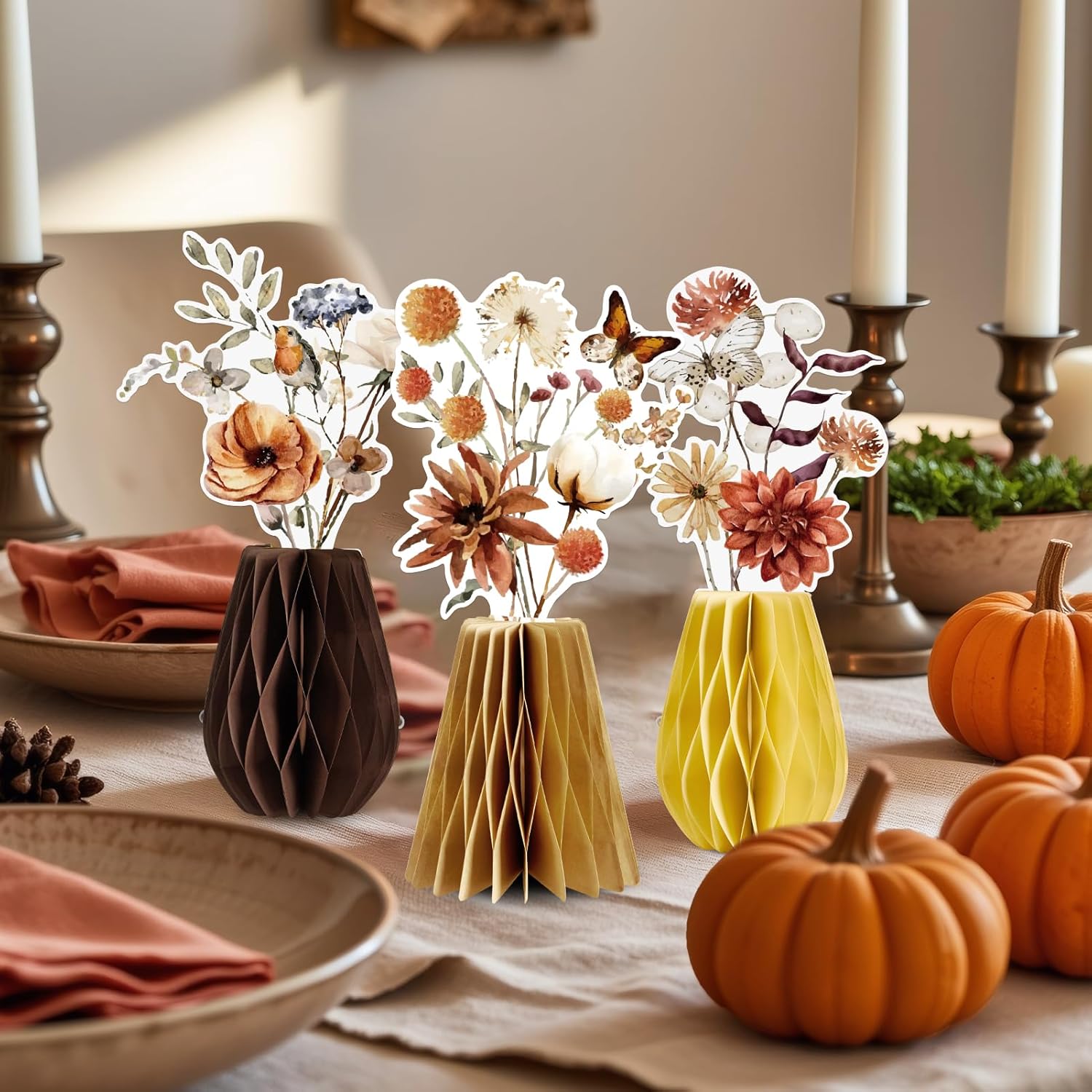 Paper Jazz Boho Flowers Table Decoration,9pcs Fall Centerpieces for Tables,Brown Champagne Beige Paper Flowers for Home Indoor,Dahlia Decoration for Baby Shower Neutral Birthday Wedding