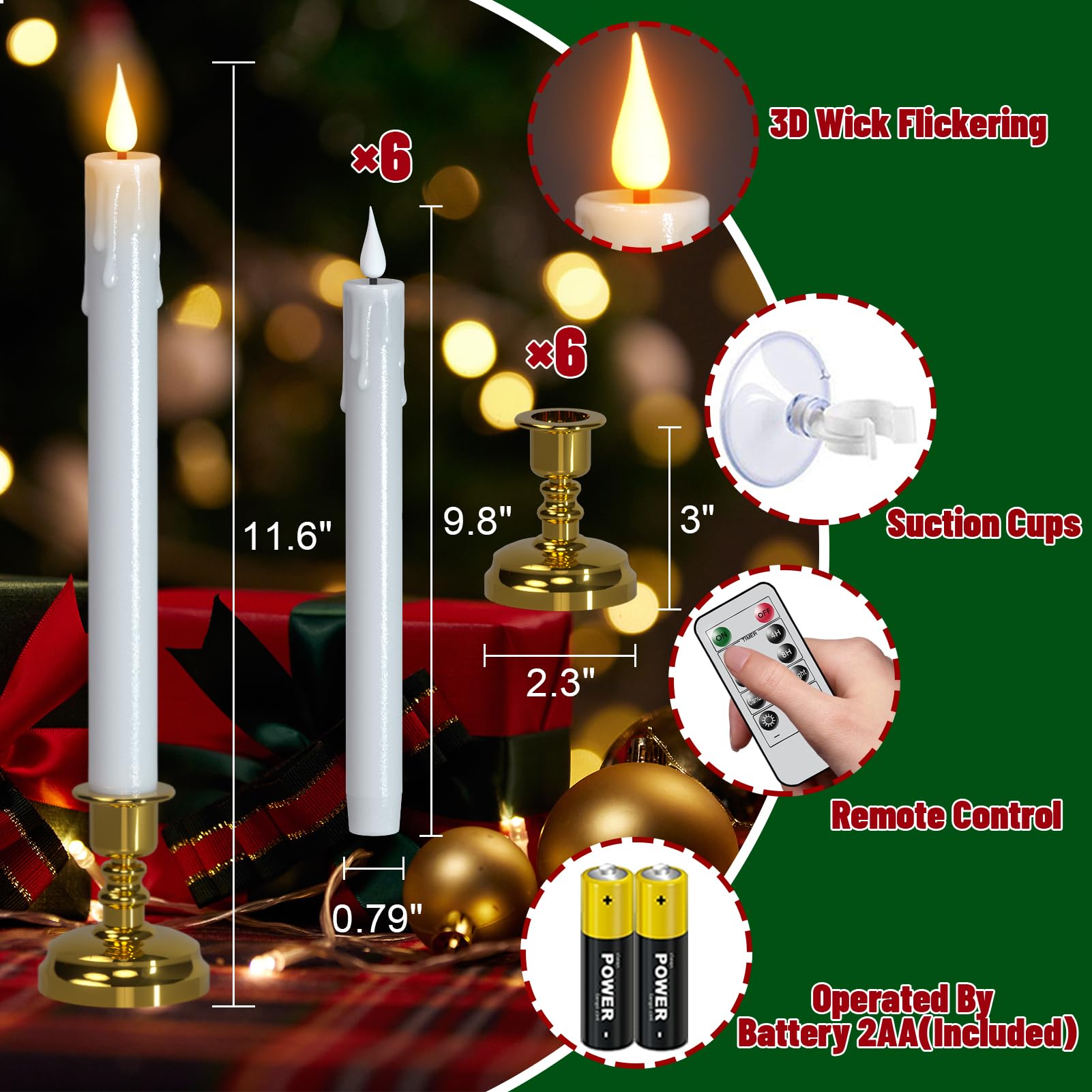 Candele natalizie senza fiamma per finestre, a batteria, con telecomando e timer, confezione da 6 candele a LED in plastica bianca tremolanti con ventose, decorazione per interni (supporti