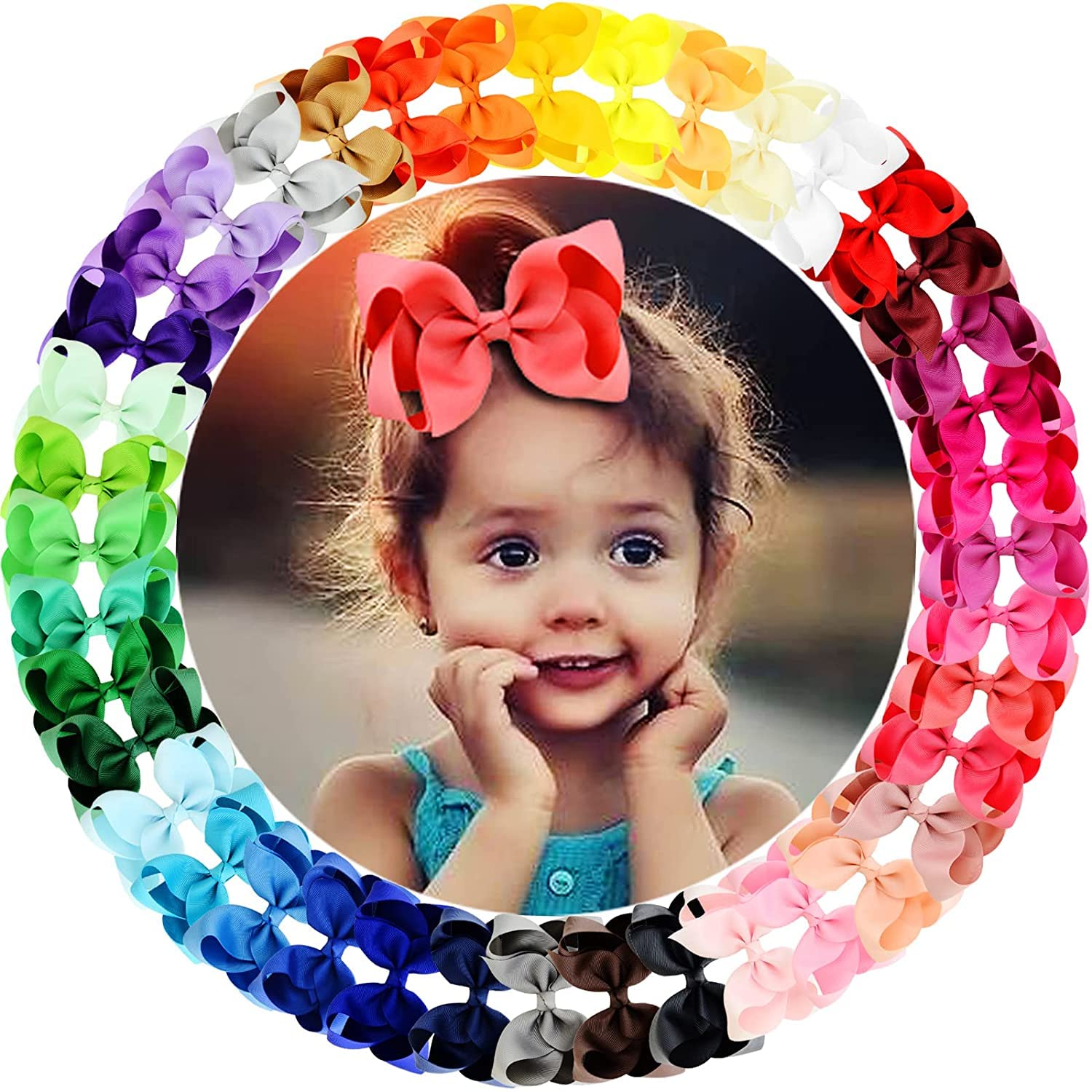 40Pieces Girls Hair Bows Ribbon Bows Craft Bows Big 4.5 Inch Bows Alligator Clips Hair Accessories for Infant Toddlers Little Girls 40 Colors
