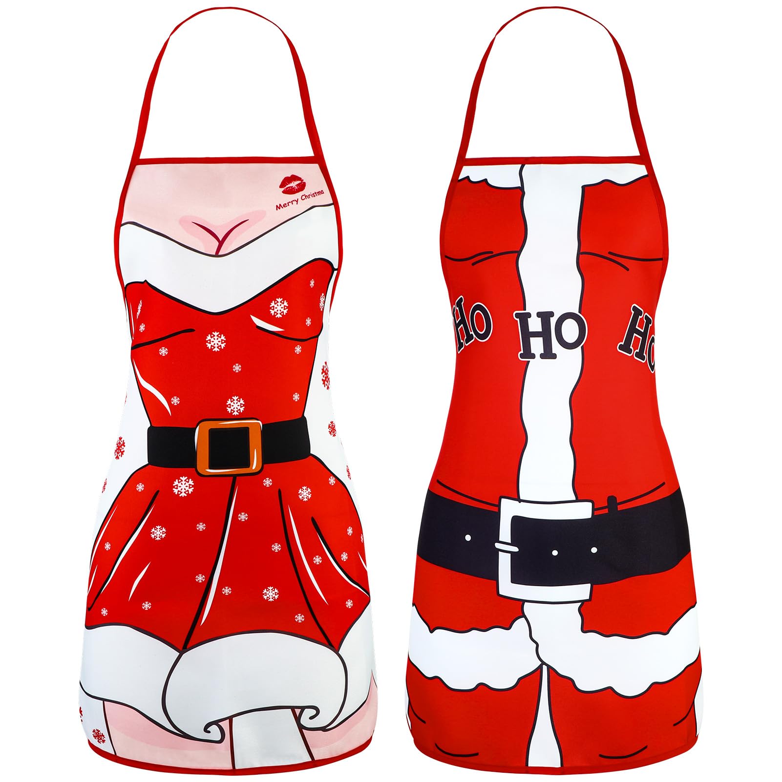 ViEinkaufen 2 Pack Water Resistant Santa Anime Christmas Aprons Wife Husband Funny Xmas Adjustable Long Ties,Kitchen Cooking Christmas Party Gift Apron BBQ Chef for Men Women Red