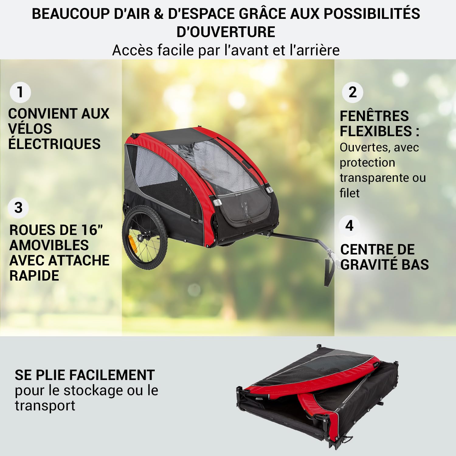 Klarfit Remorque Velo, Chariot Transport Pliable, avec Laisse de Sécurité, Chariot pour Chien Petite/Moyenne Taille, Toile Oxford pour Vélos, 282L, 40kg