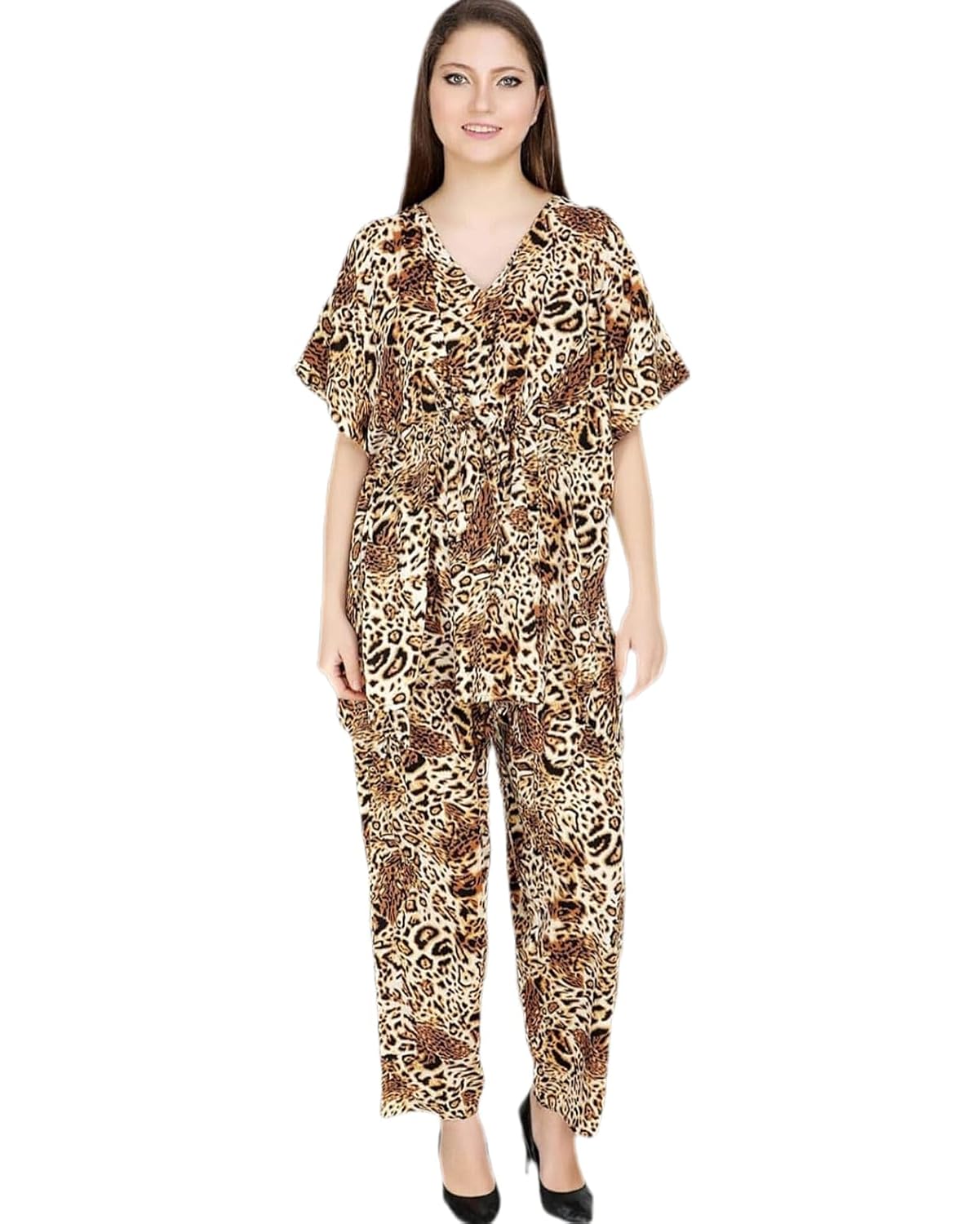 Women's Leopard Animal Print Kaftan Top and Trousers Co-ord Set | Stylish V-Neck Nightwear & Loungewear Suit | Relaxed Fit... - Review, Price and Buying Guide