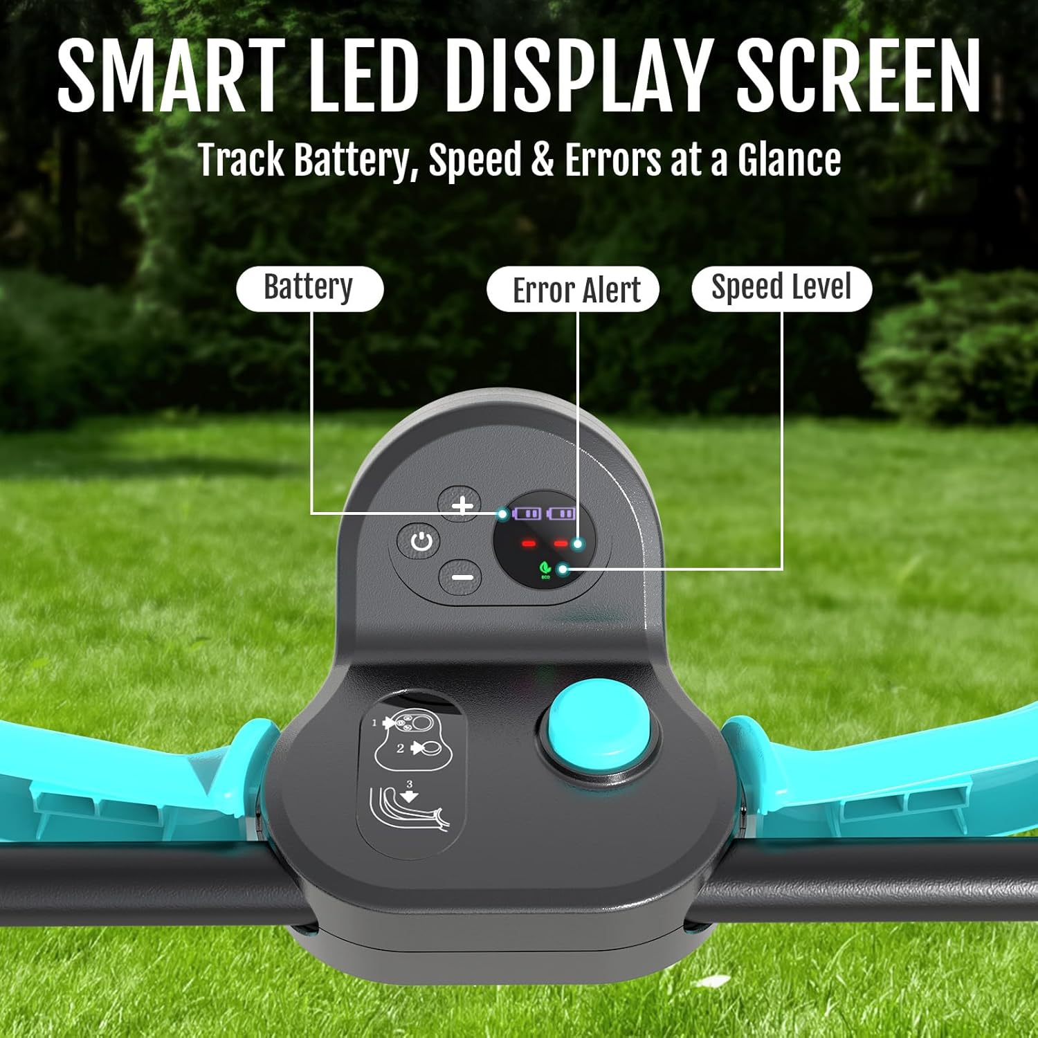 YARDCARE lawn mower LED display showing battery, error, and speed indicators