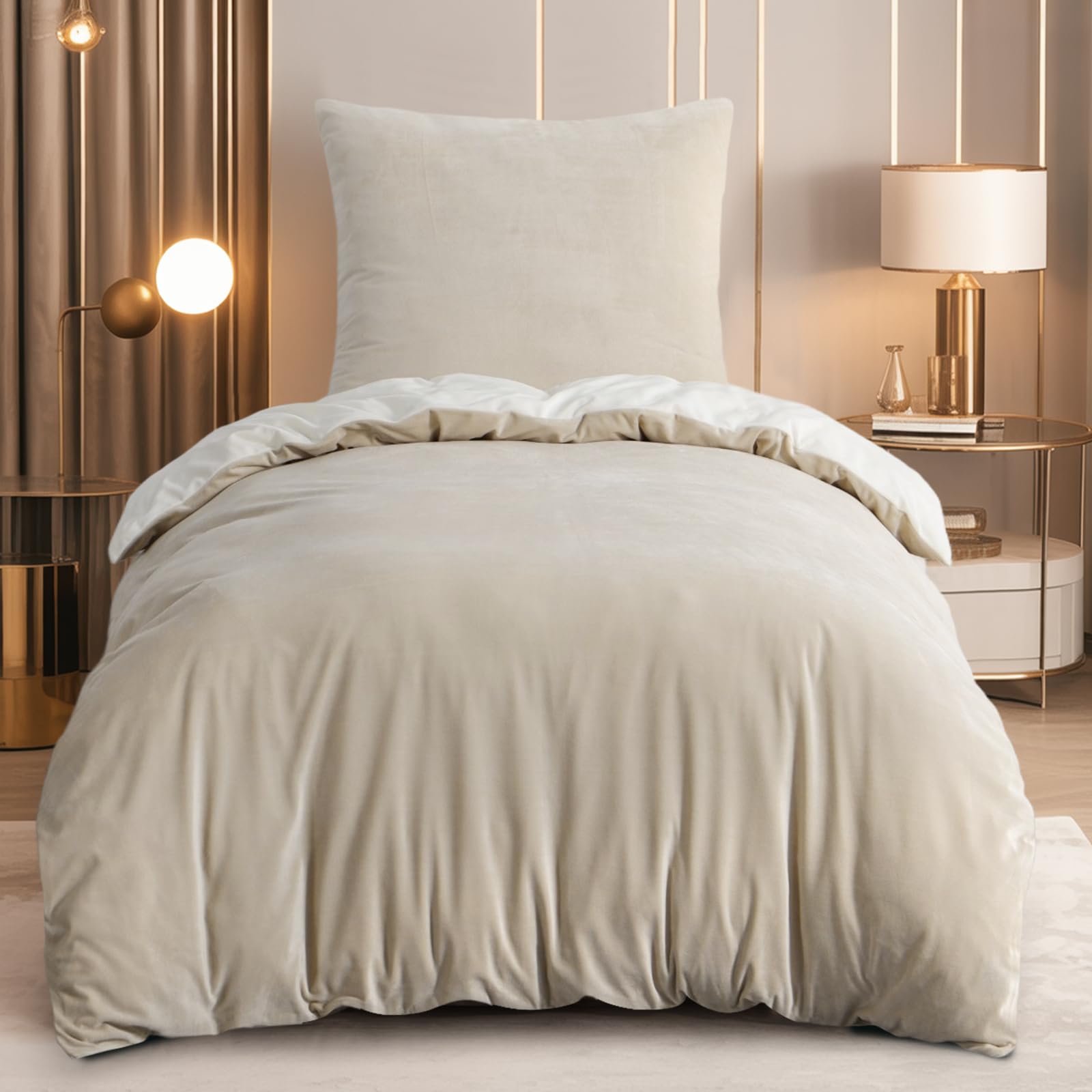 RUIKASI Flanell Winter Bettwäsche 135x200 Beige Weiß Warm WinterBettwäsche | 2tlg Kuschel Plüsch Fleece 1 Bettbezug 1 Kissenbezüge 80x80 mit Reißverschluss, Wendebettwäsche Bedding,OEKO-TEX