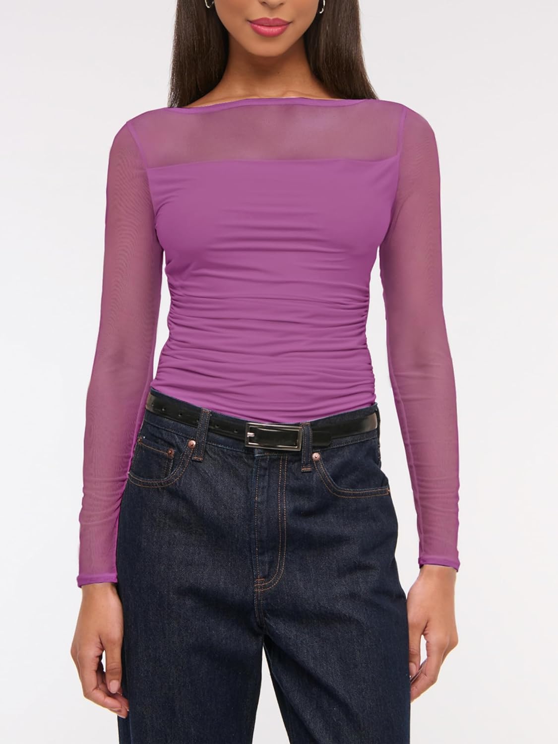 Lrady Womens Mesh Sheer Tops Sexy Boat Neck Summer Going Out Party Clubwear Shirts - Image 3