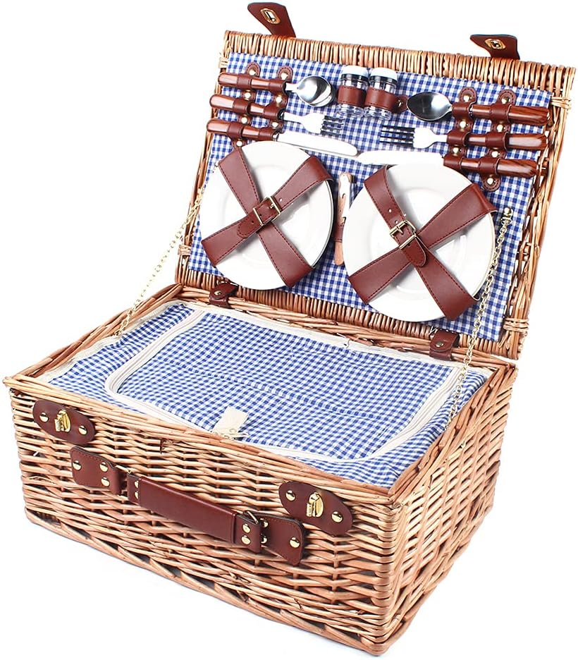 CNCEST 4 Person Insulated Picnic Basket Set Durable Wicker Basket Latch 19 Piece Colorful Picnic Ware Set w/Plates for Camping Outdoor