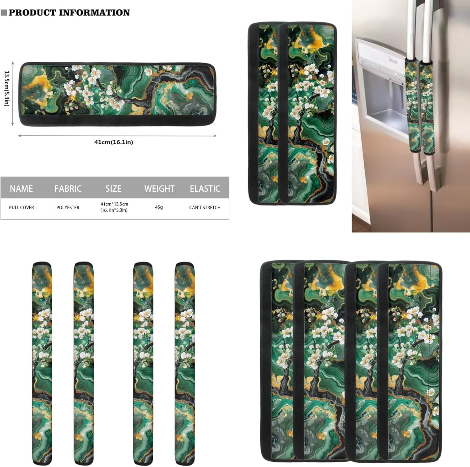 Coldinair Teal Marble Print Floral Refrigerator Door Handle Covers Set of 8,Kitchen Appliance Handle Cover for Fridge Microwave Oven Dishwasher,Home Decor