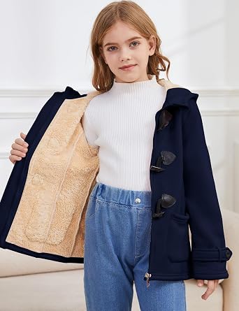 Flygo Girls Fleece Jacket Sherpa Lined Hoodie Horn Button Duffle Coat
