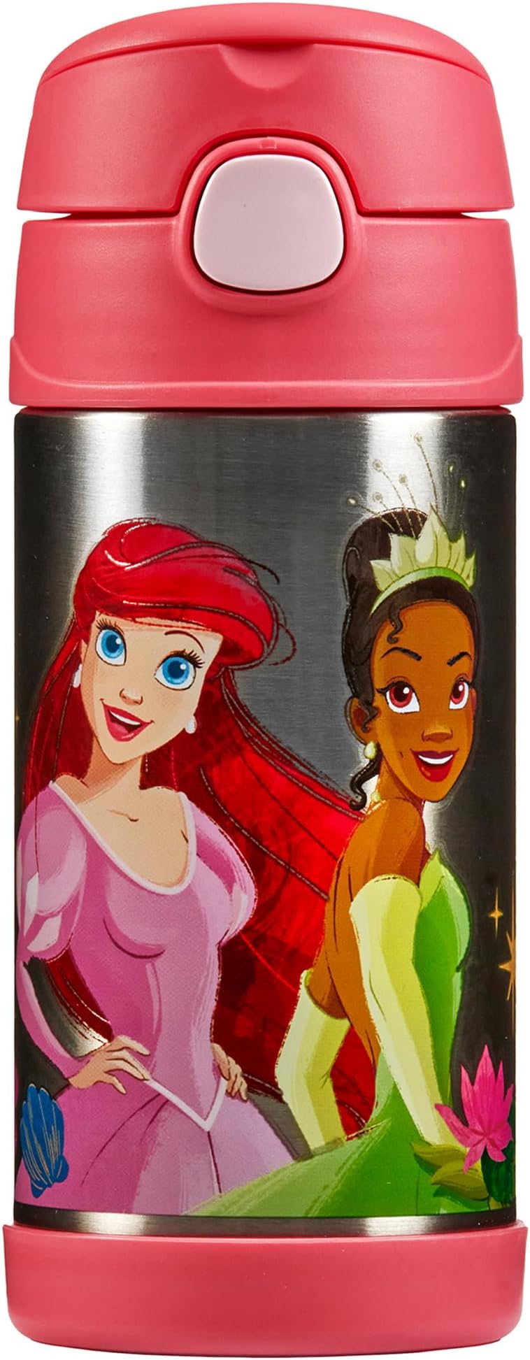 Thermos - Disney Princesses Water Bottle (355ml) - BPA Free, Stainless Steel, Spill Proof, Pop-Up Straw, Disney Kids Flask with Personalised Name Labels & Carry Handle for 12-Hour Cold Drinks
