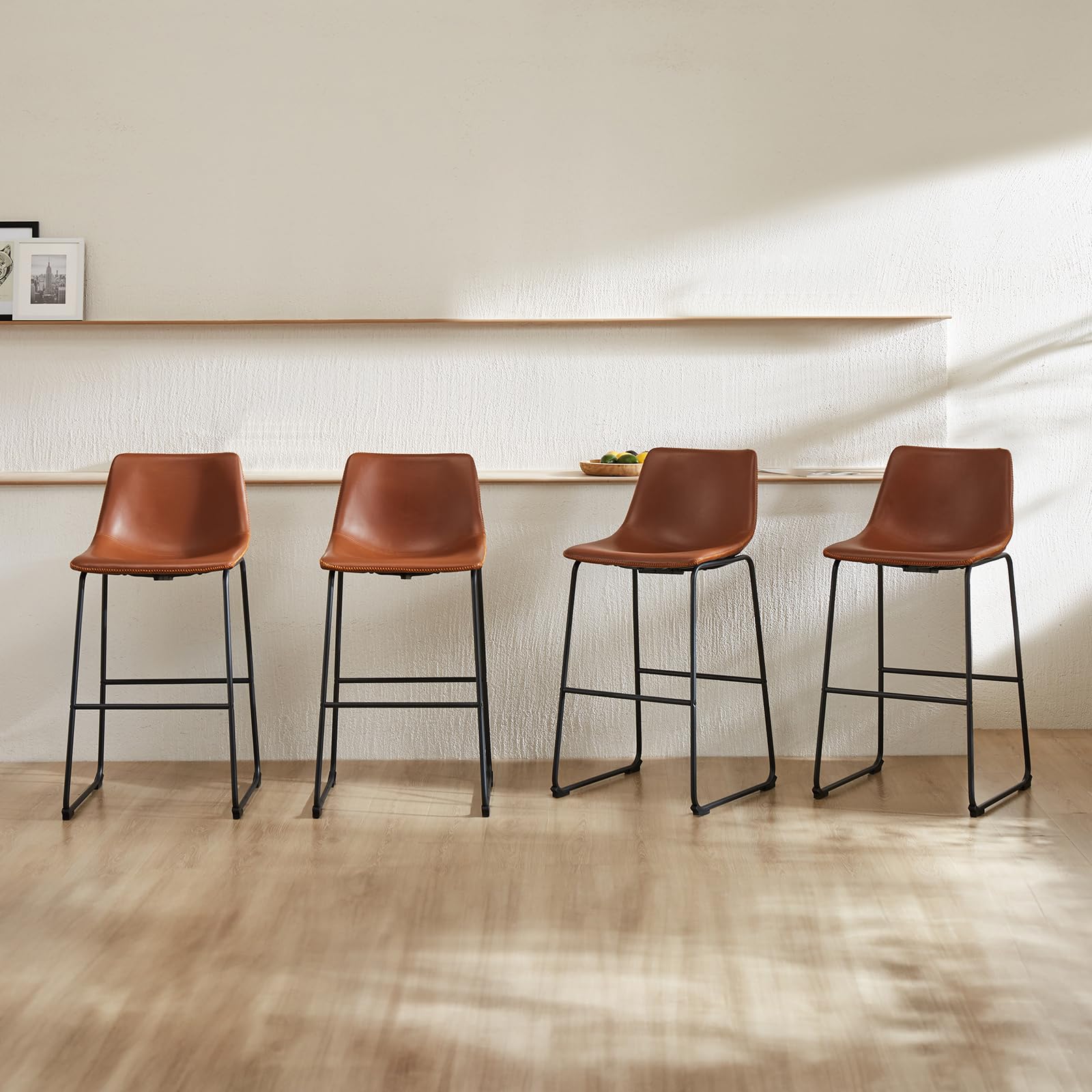 dumos 26 inch counter height bar stools set of 2, modern faux leather high barstools with back and metal leg, bar chairs for kitchen lsland, elegant brown