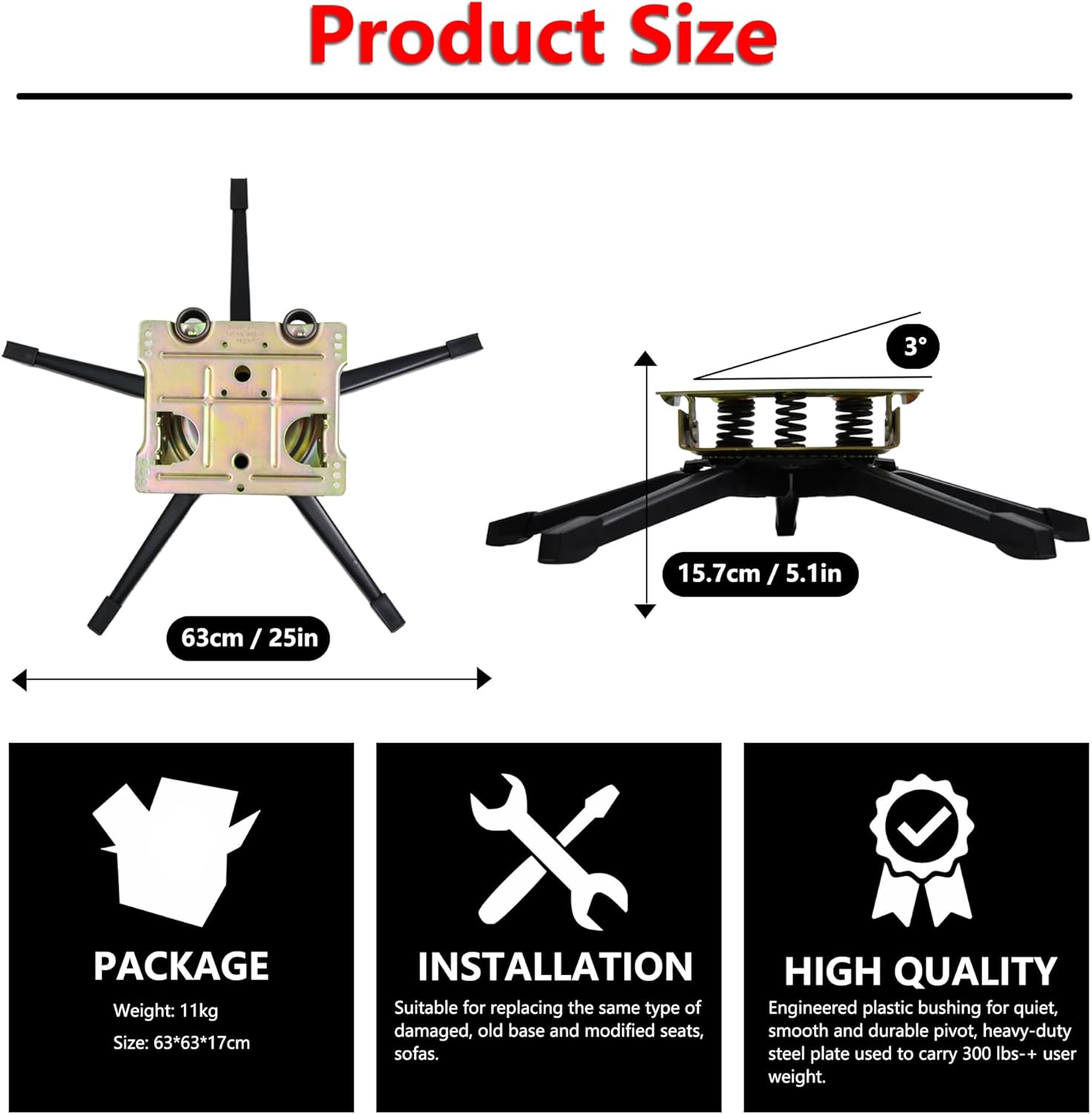 25" Replacement Recliner Base, 360° Swivel Rocker Box Plate for Rocker Recliner,5-Leg Rocking Sofa Accessories