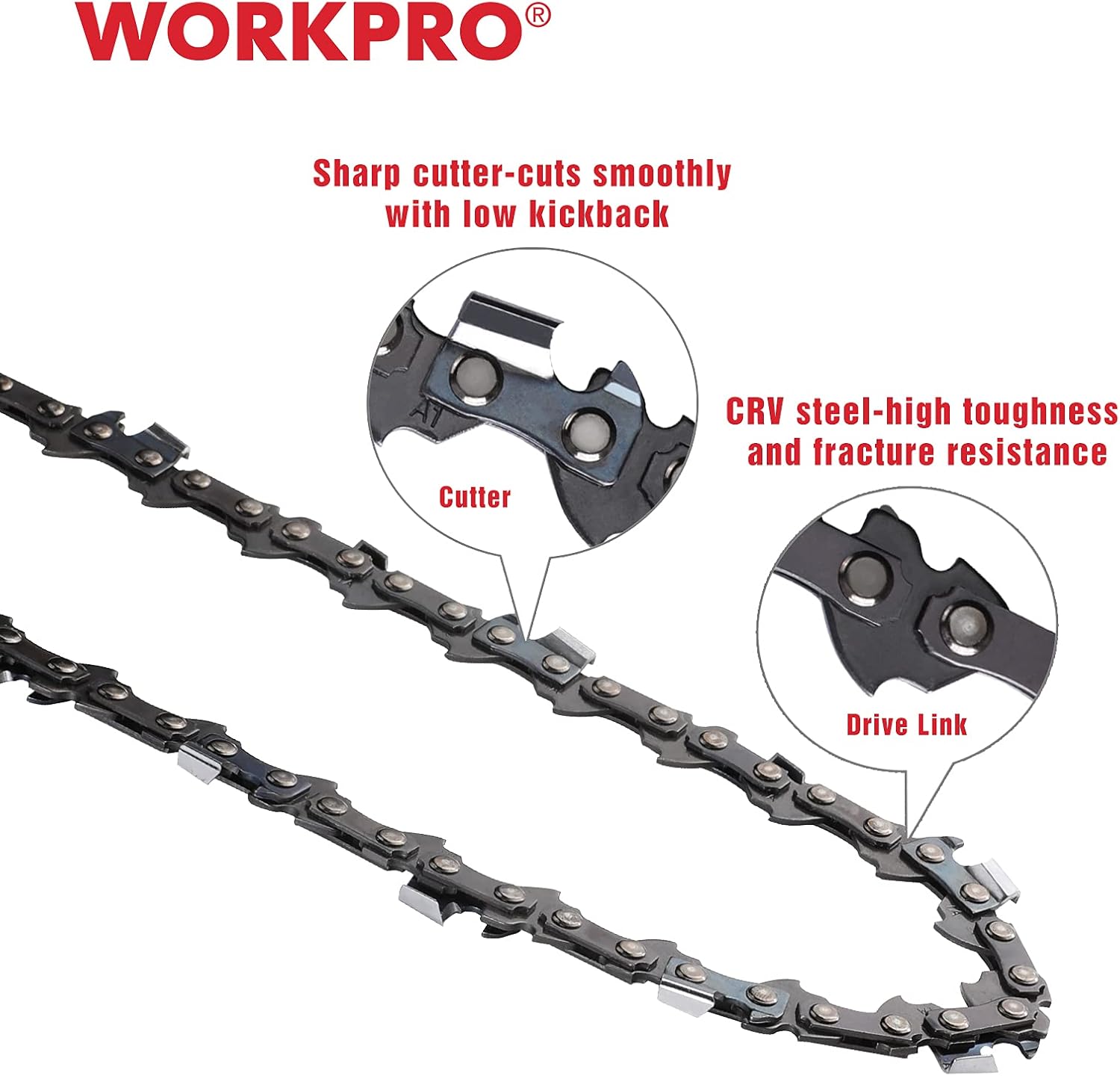 Close-up of WORKPRO chainsaw chain cutters and drive links