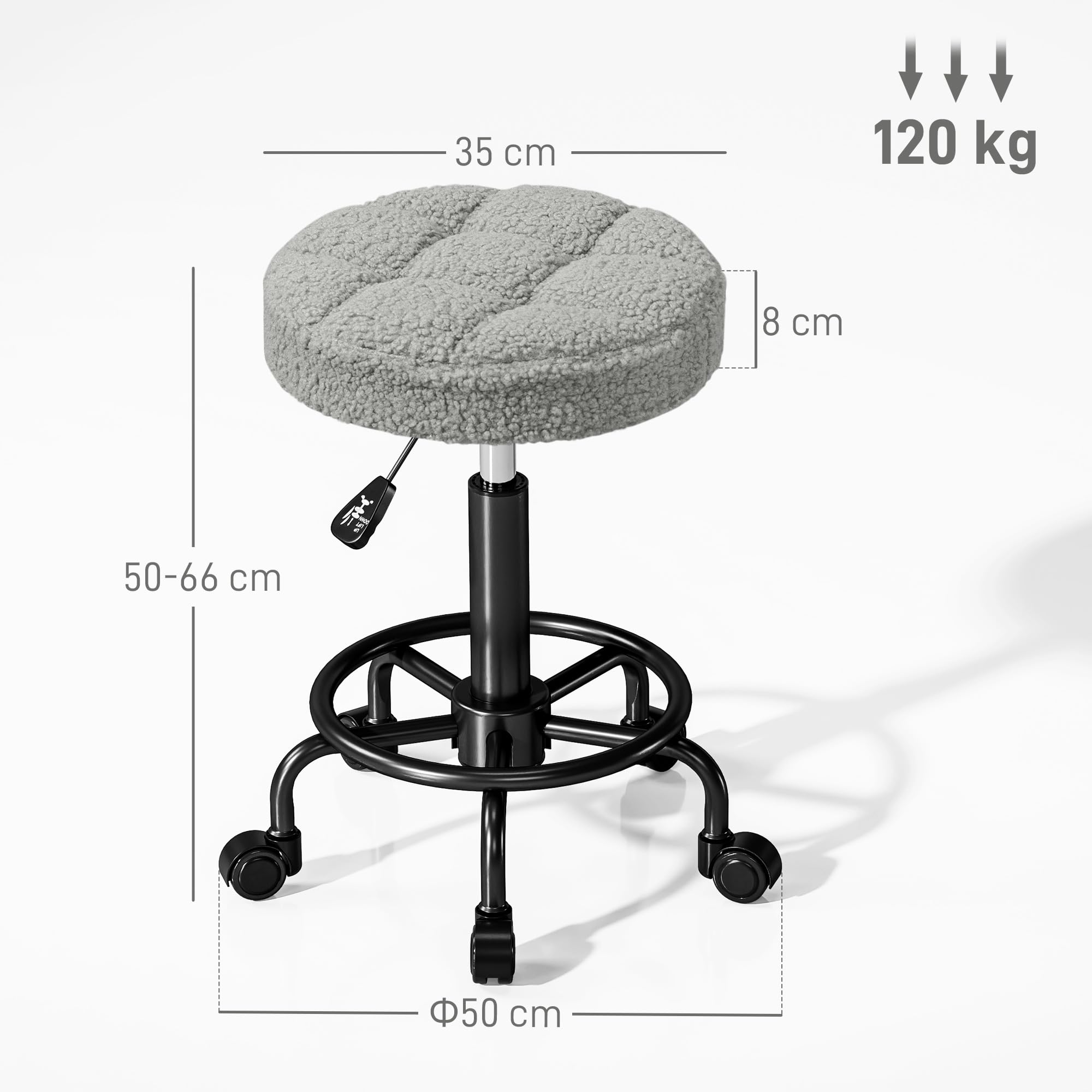 HOMCOM Sgabello rotondo girevole con ruote Altezza regolabile 50-66 cm Seduta imbottita in tessuto di pile per saloni officine Spa Massaggi Grigio
