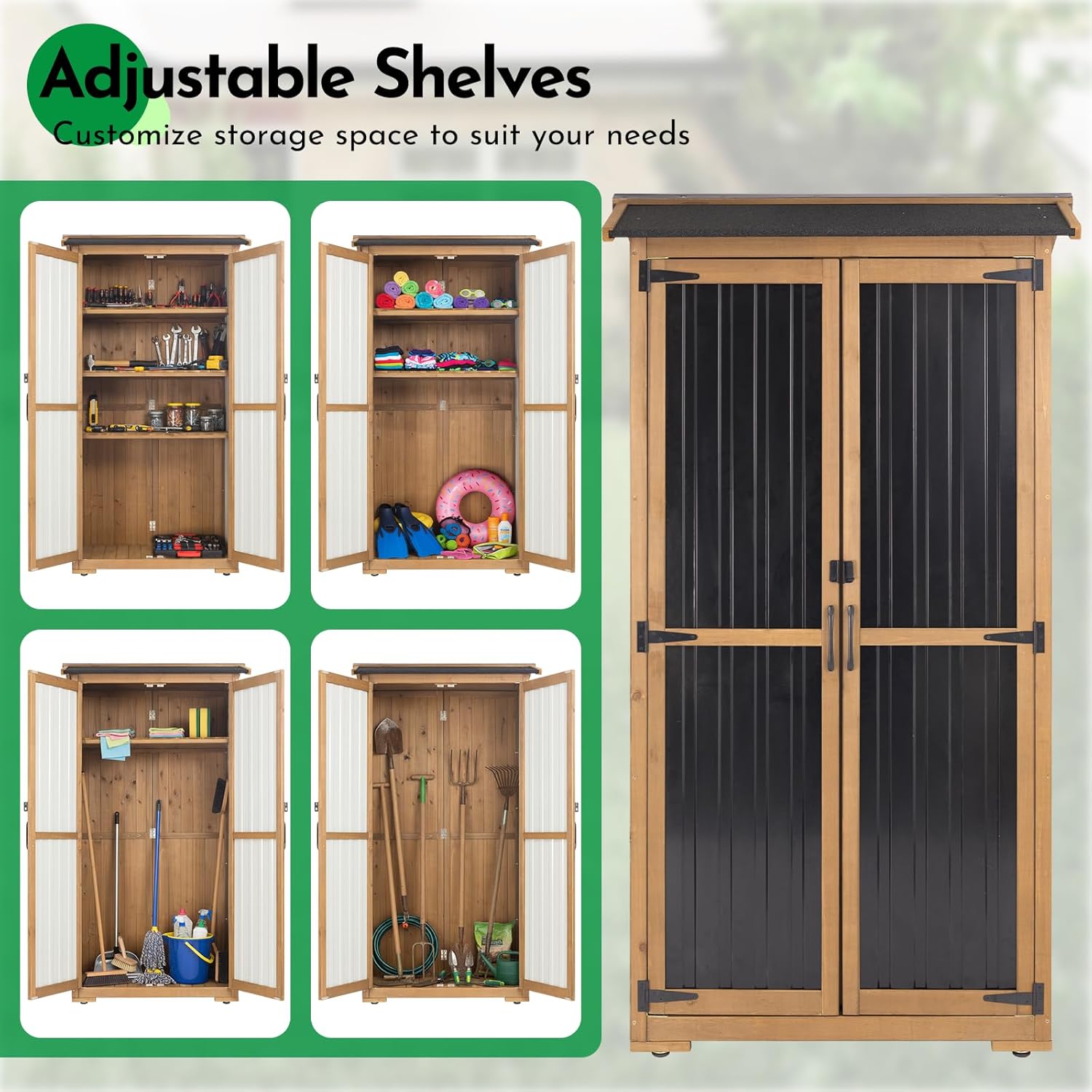 Large Outdoor Storage Cabinet, Wood Outdoor Storage Shed with Three Adjustable Shelves, Lockable Doors, Waterproof Roof, Outdoor Cabinets Garden Tool Shed, Brown, 38''x20.5''x69''