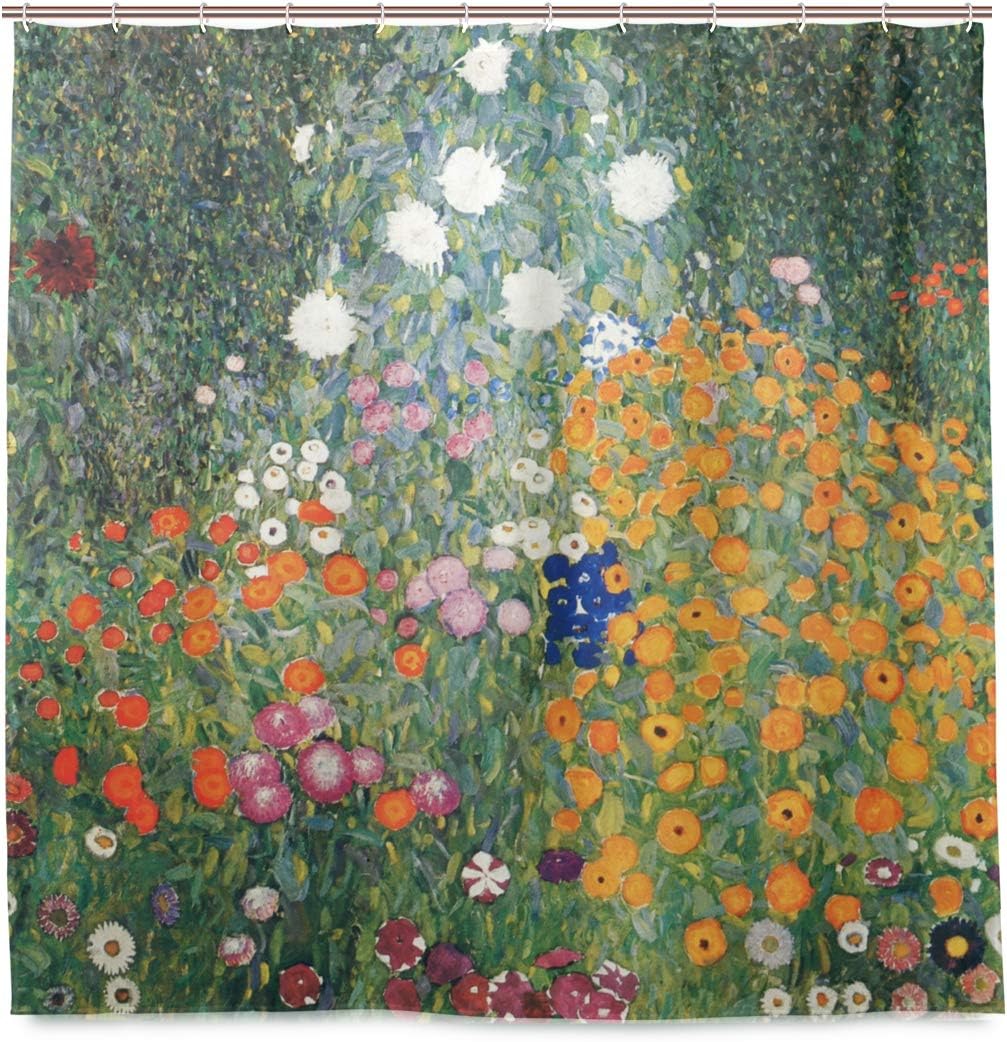 Shower Curtain, Gustav Klimt Flower Garden Shower Curtains Set with 12 Hooks, Washable Fabric Rustic Farmhouse Bathroom Shower Curtain, 72x72 Inches