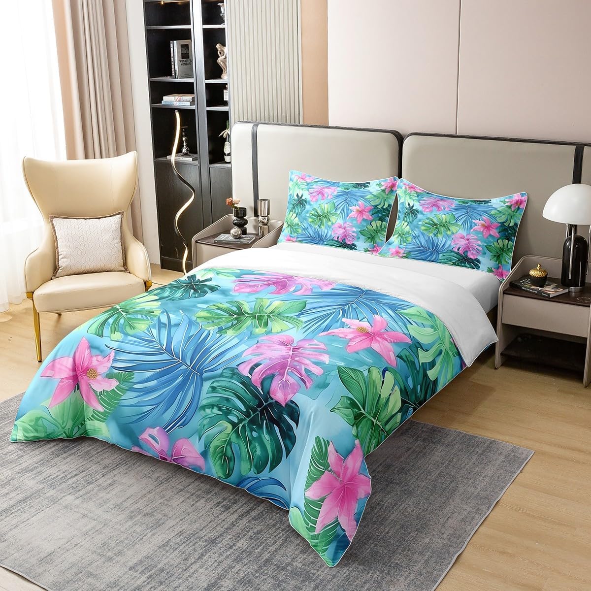 Castle Fairy Tropical Summer Duvet Cover Twin for Kids Teens,Palm Leaves Green and Pink 2 Pieces Duvet Cover,Flowers Hawaii Themed Comforter Cover (Not Comforter),Colorful Plants Quilt Cover