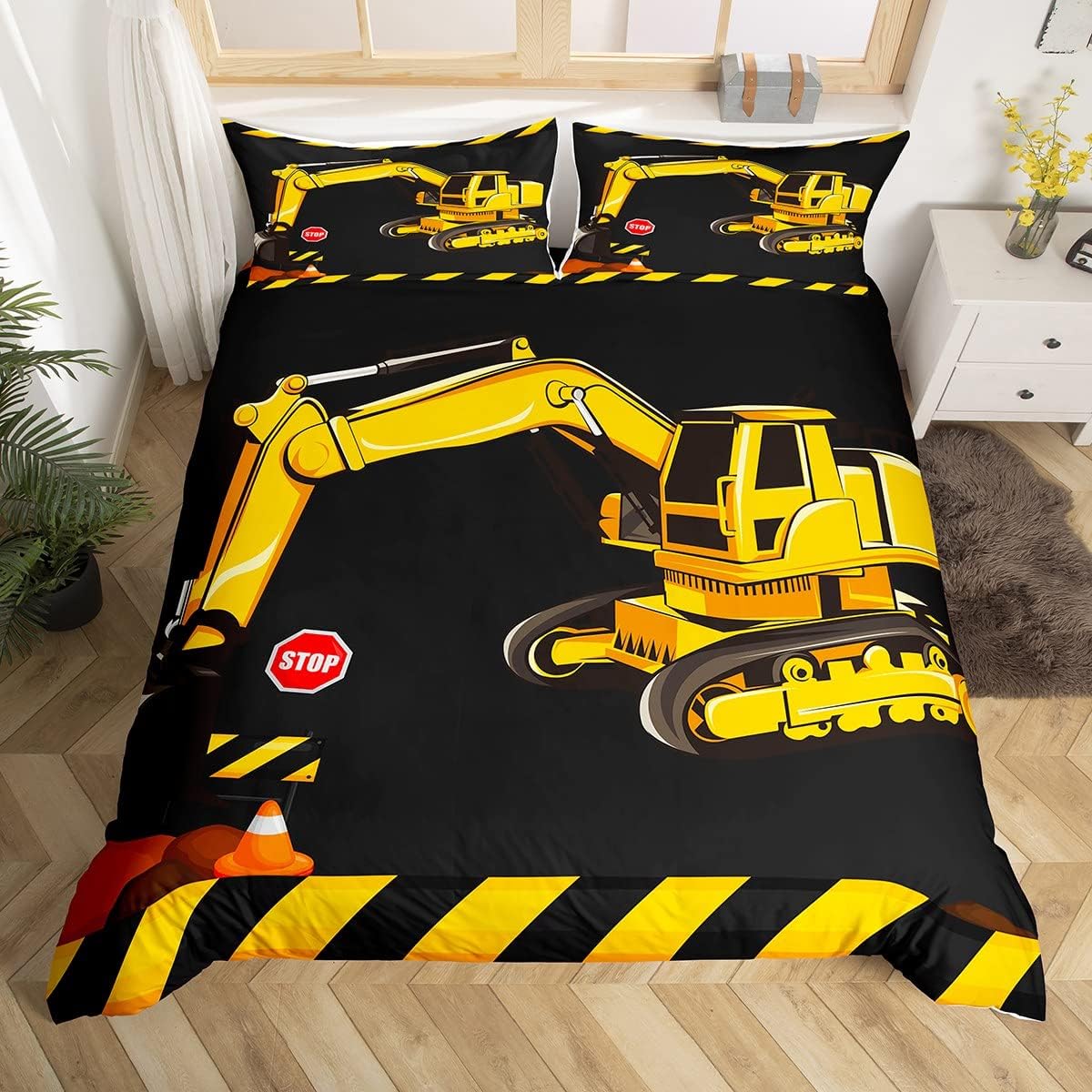 Excavator Bedding Set Under Construction Comforter Cover City Building Equipment Trucks Duvet Cover For Kids Boys Young Man Construction Vehicle Quilt Cover Child Room Decor 3Pcs Full Yellow Black