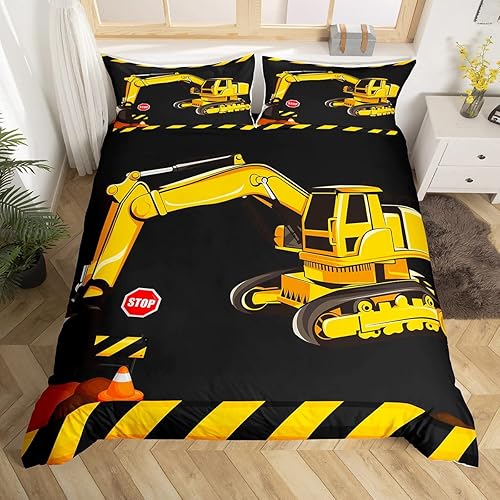 Juego de ropa de cama de excavadora en construcción funda de edredón de equipo de construcción de ciudad funda de edredón para niños niños y jóvenes