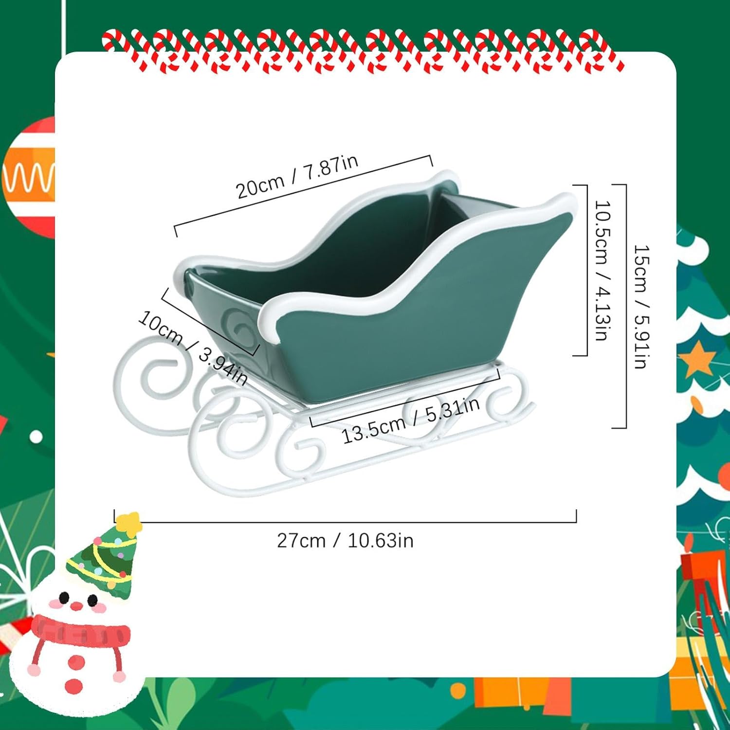 HouseVibe Christmas Sleigh Table Ornament Sled Shaped Bin Centerpiece Candy Bowl Storage Basket for Festive Holiday Mantle Winter Home Decor- Green
